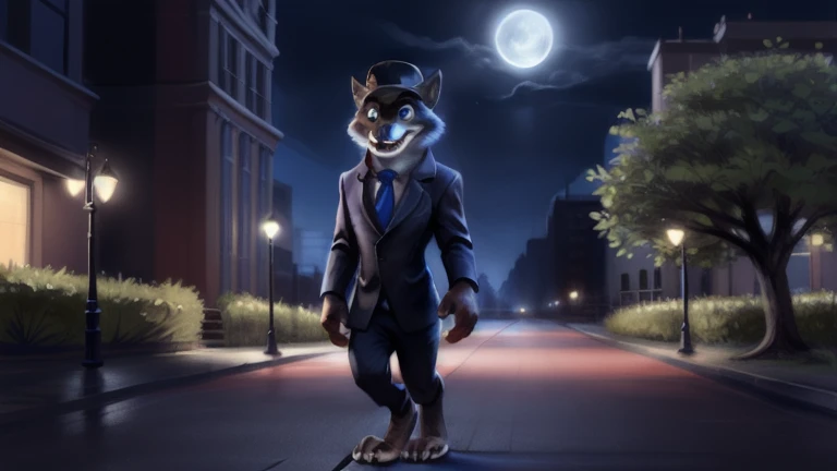 larry (zootopia), grey fur, (brown body:1.3), blue eyes, zootopia, canine, wolf, detailed fur, male, anthro, pawpads, finger claws, 5 fingers, paws, 4 toes, night, full moon, tail, red carpet, suit, black tie, wearing a Dor-15 black bowler hat with a notable red robotic eye in his frontal part, walking on all four paws like a ordinary wolf, \(suit\), BREAK by bruteandbrawn, by personalami, by kenket, (intricate, high detail, film photography, soft focus, RAW candid cinema, photorealism, realistic, photorealistic, analog style, subsurface scattering, masterpiece, best quality, ultra realistic, 8k)