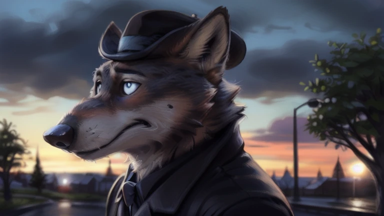 larry (zootopia), grey fur, (brown body:1.3), blue eyes, zootopia, canine, wolf, detailed fur, male, anthro, pawpads, finger claws, 5 fingers, paws, 4 toes, night, full moon, tail, red carpet, suit, black tie, wearing a Dor-15 black bowler hat with a notable red robotic eye in his frontal part, walking on all four paws like a ordinary wolf, \(suit\), BREAK by bruteandbrawn, by personalami, by kenket, (intricate, high detail, film photography, soft focus, RAW candid cinema, photorealism, realistic, photorealistic, analog style, subsurface scattering, masterpiece, best quality, ultra realistic, 8k)