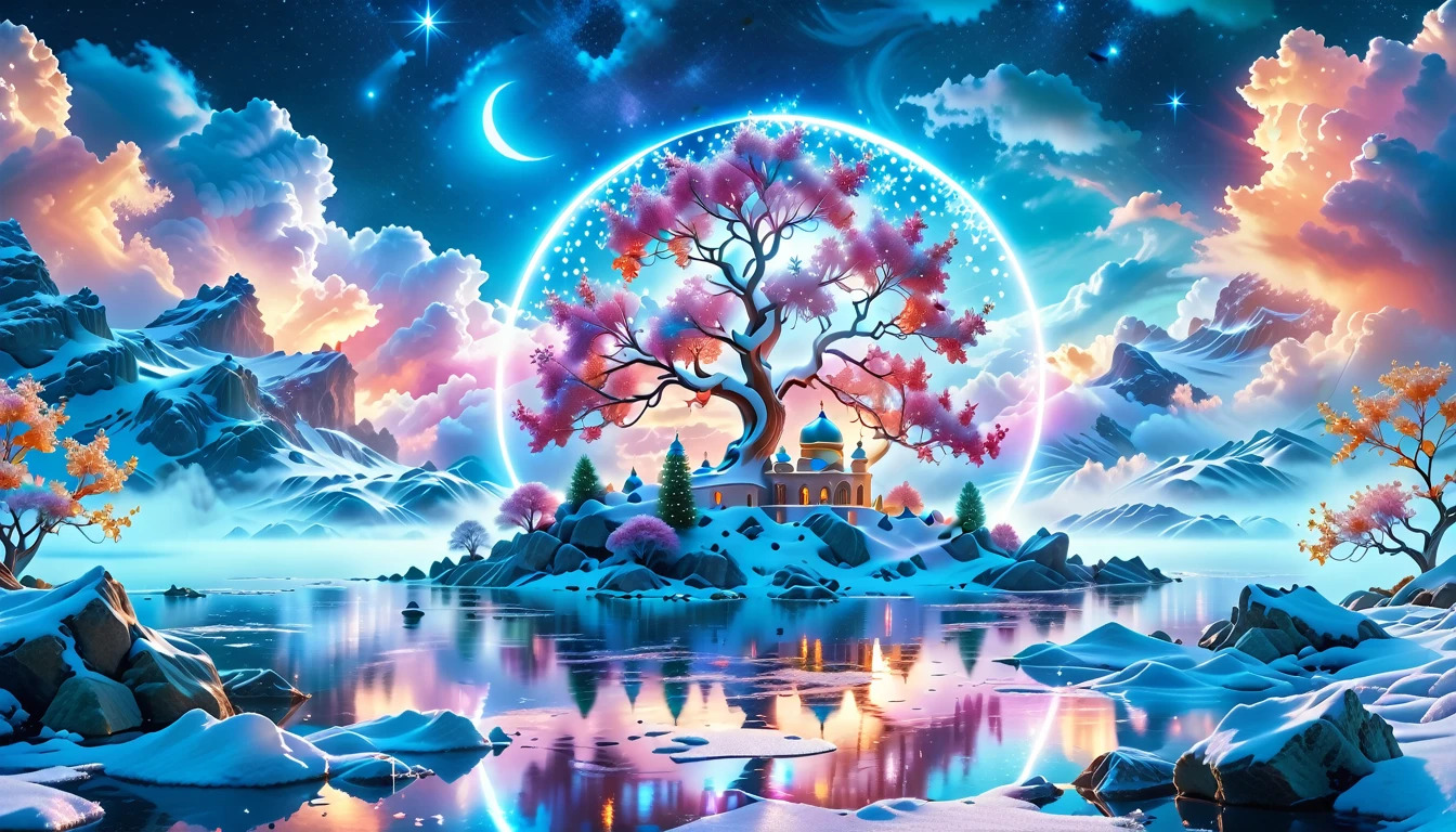 A Masterpiece In 32K Resolution: Supreme Quality, Super Detail, Official Art, Very High-Resolution 32K Wallpaper, Beautiful And Aesthetic, Ultra-Detailed Features, Awe-Inspiring Detail. Winter Wonderland (A Surreal Fantasy Landscape). Step Into A Dreamy Realm Where A Surreal Winter Landscape Unfolds, Featuring A Fairy-Tale Island Floating Amidst Whimsical Clouds And A Majestic Palace, Draped In Glistening Snow, Stands As The Centerpiece. Nearby, The Tree Of Life Blossoms With Vibrant Vitality, Symbolizing Hope And Renewal. The Night Sky Twinkles With Radiant Stars, While Layers Of Ethereal Clouds And Mist Create An Enchanting Atmosphere. This Breathtaking Scene Captures The Essence Of Magical Fantasy, Beautifully Rendered. Experience The Intricate Details Of This Epic Dreamlike Landscape, Where Every Element - From The Enchanting Floating Fairy Island To The Mystical Scenery And World Of Wonder.