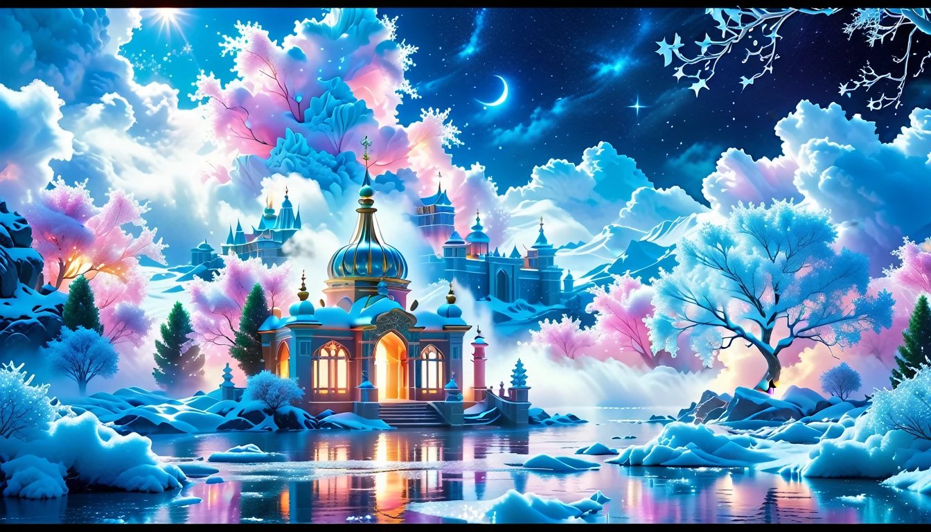 A Masterpiece In 32K Resolution: Supreme Quality, Super Detail, Official Art, Very High-Resolution 32K Wallpaper, Beautiful And Aesthetic, Ultra-Detailed Features, Awe-Inspiring Detail. Winter Wonderland (A Surreal Fantasy Landscape). Step Into A Dreamy Realm Where A Surreal Winter Landscape Unfolds, Featuring A Fairy-Tale Island Floating Amidst Whimsical Clouds And A Majestic Palace, Draped In Glistening Snow, Stands As The Centerpiece. Nearby, The Tree Of Life Blossoms With Vibrant Vitality, Symbolizing Hope And Renewal. The Night Sky Twinkles With Radiant Stars, While Layers Of Ethereal Clouds And Mist Create An Enchanting Atmosphere. This Breathtaking Scene Captures The Essence Of Magical Fantasy, Beautifully Rendered. Experience The Intricate Details Of This Epic Dreamlike Landscape, Where Every Element - From The Enchanting Floating Fairy Island To The Mystical Scenery And World Of Wonder.