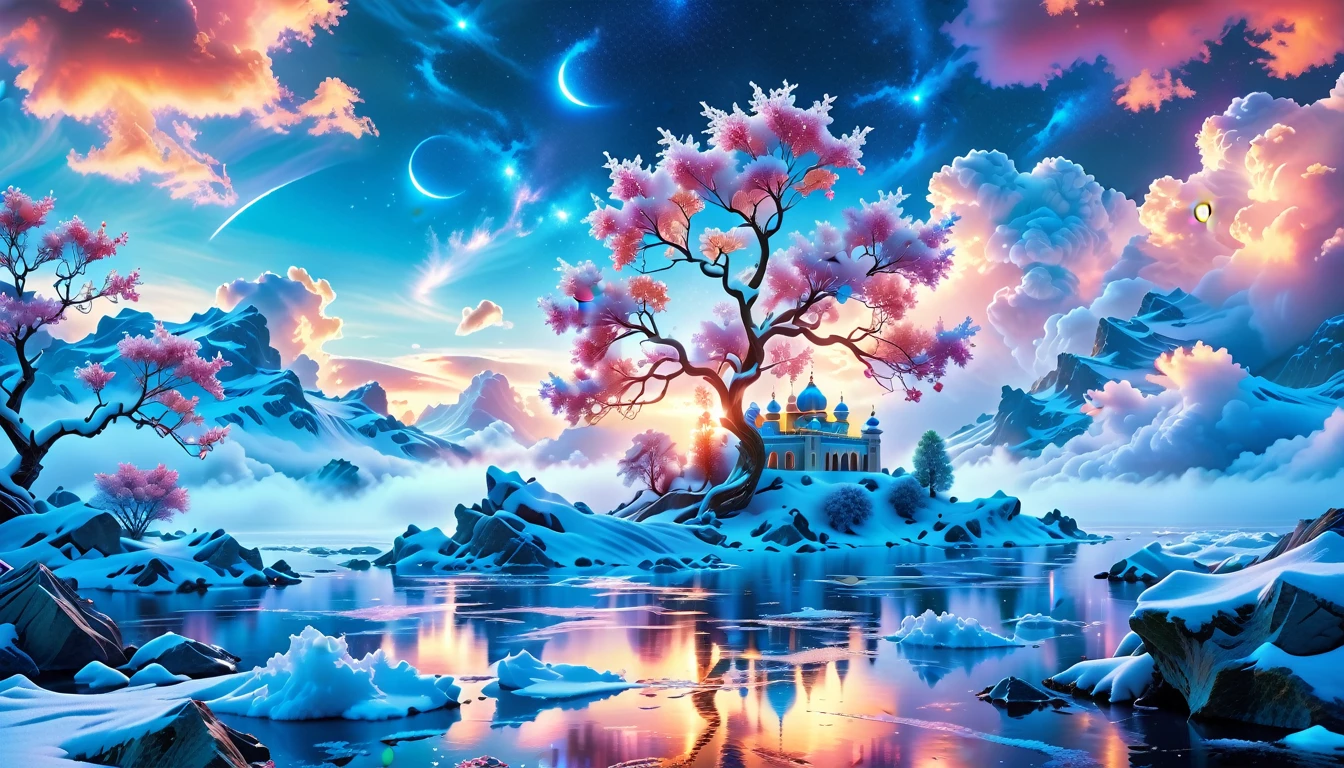 A Masterpiece In 32K Resolution: Supreme Quality, Super Detail, Official Art, Very High-Resolution 32K Wallpaper, Beautiful And Aesthetic, Ultra-Detailed Features, Awe-Inspiring Detail. Winter Wonderland (A Surreal Fantasy Landscape). Step Into A Dreamy Realm Where A Surreal Winter Landscape Unfolds, Featuring A Fairy-Tale Island Floating Amidst Whimsical Clouds And A Majestic Palace, Draped In Glistening Snow, Stands As The Centerpiece. Nearby, The Tree Of Life Blossoms With Vibrant Vitality, Symbolizing Hope And Renewal. The Night Sky Twinkles With Radiant Stars, While Layers Of Ethereal Clouds And Mist Create An Enchanting Atmosphere. This Breathtaking Scene Captures The Essence Of Magical Fantasy, Beautifully Rendered. Experience The Intricate Details Of This Epic Dreamlike Landscape, Where Every Element - From The Enchanting Floating Fairy Island To The Mystical Scenery And World Of Wonder.