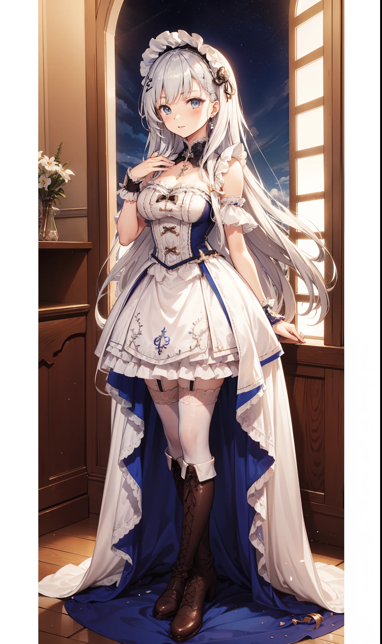 goddess，obsessed，have fun，in love，(White transparent maid uniform，With a long skirt)，Silver Hair，blue eyes，Transparent Clothes，Exquisite hair accessories，Transparent lace，Sky blue pattern，night，Dress nicely，bedroom，solitary，night，Engraved suspender boots，Beautiful face，Garter stockings，illustrious (maiden lily's radiance) (azur lane)，sfw