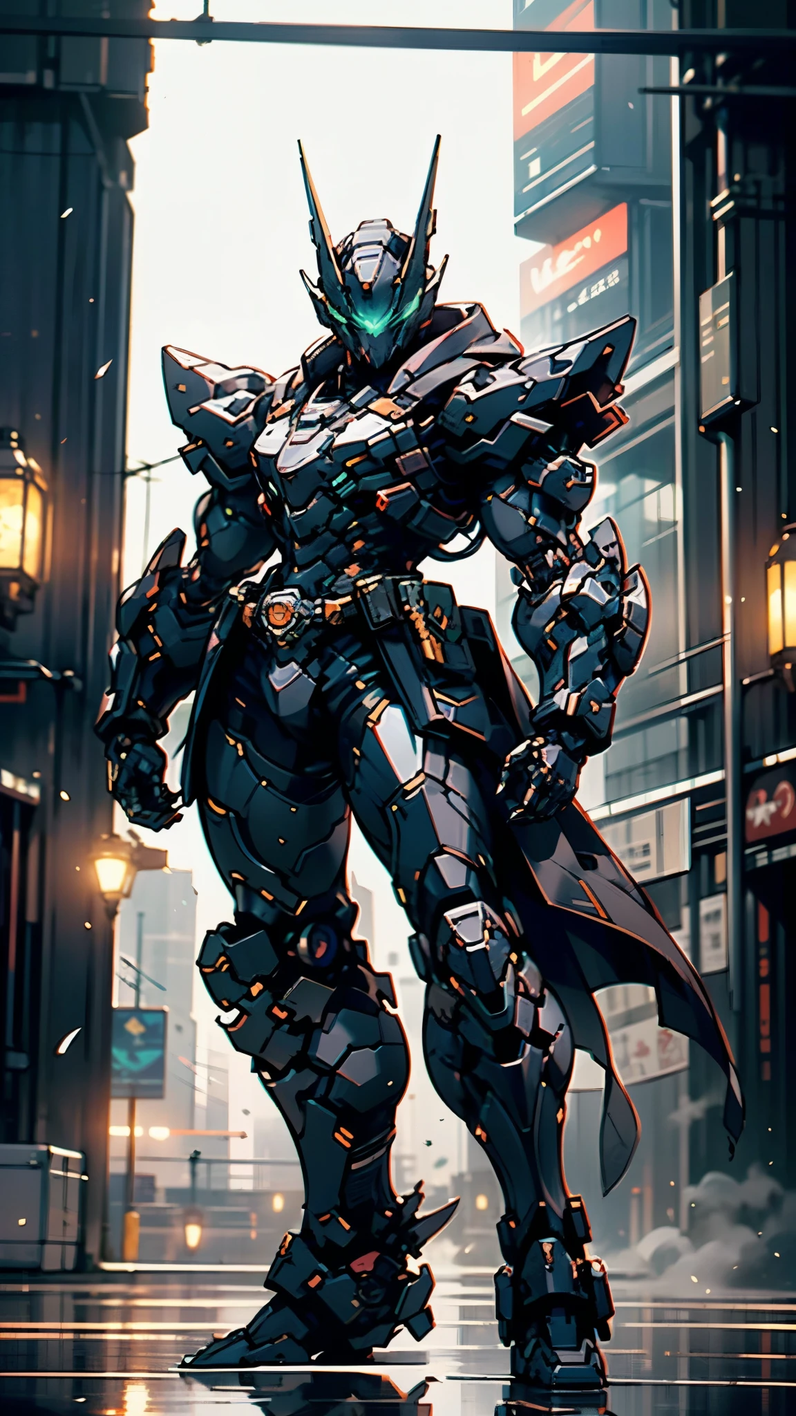 (masterpiece:1.5, best quality:1.5, extremely delicate:1.5), ((male:1.5)), a man wearing a full-face helmet, a biotech armored combat suit, green eyes, (a composite layered chest armor), fully enclosed shoulder guards, matching arm and leg guards, a belt of gemstone, (the color scheme is primarily Blue with White and Red accents), the design balances heavy with agility, a high-tech bio-mecha armor, (Armor Concept Inspired by Kamen Rider, stand of a futuristic sci-fi city), this character embodies a finely crafted Superhero in anime style, exquisite and mature manga art style, (the armor glows), metallic, high definition, highres, ultra-detailed, ultra-fine painting, professional, perfect body proportions, golden ratio, anatomically correct, symmetrical face, extremely detailed eyes and face, high quality eyes, creativity, RAW photo, UHD, 32k, Natural light, cinematic lighting, masterpiece-anatomy-perfect