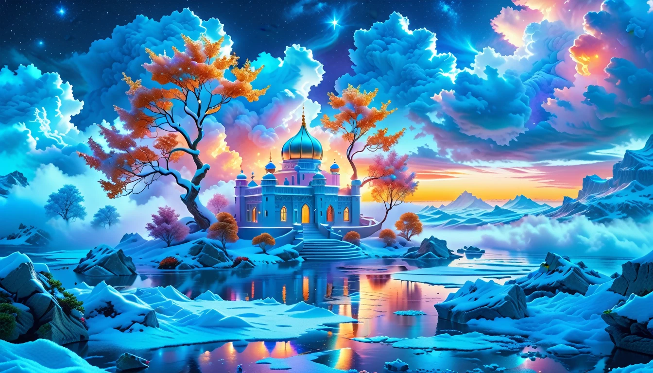 A Masterpiece In 32K Resolution: Supreme Quality, Super Detail, Official Art, Very High-Resolution 32K Wallpaper, Beautiful And Aesthetic, Ultra-Detailed Features, Awe-Inspiring Detail. Winter Wonderland (A Surreal Fantasy Landscape). Step Into A Dreamy Realm Where A Surreal Winter Landscape Unfolds, Featuring A Fairy-Tale Island Floating Amidst Whimsical Clouds And A Majestic Palace, Draped In Glistening Snow, Stands As The Centerpiece. Nearby, The Tree Of Life Blossoms With Vibrant Vitality, Symbolizing Hope And Renewal. The Night Sky Twinkles With Radiant Stars, While Layers Of Ethereal Clouds And Mist Create An Enchanting Atmosphere. This Breathtaking Scene Captures The Essence Of Magical Fantasy, Beautifully Rendered. Experience The Intricate Details Of This Epic Dreamlike Landscape, Where Every Element - From The Enchanting Floating Fairy Island To The Mystical Scenery And World Of Wonder.