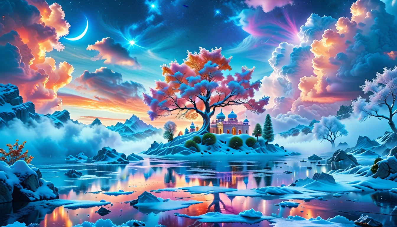 A Masterpiece In 32K Resolution: Supreme Quality, Super Detail, Official Art, Very High-Resolution 32K Wallpaper, Beautiful And Aesthetic, Ultra-Detailed Features, Awe-Inspiring Detail. Winter Wonderland (A Surreal Fantasy Landscape). Step Into A Dreamy Realm Where A Surreal Winter Landscape Unfolds, Featuring A Fairy-Tale Island Floating Amidst Whimsical Clouds And A Majestic Palace, Draped In Glistening Snow, Stands As The Centerpiece. Nearby, The Tree Of Life Blossoms With Vibrant Vitality, Symbolizing Hope And Renewal. The Night Sky Twinkles With Radiant Stars, While Layers Of Ethereal Clouds And Mist Create An Enchanting Atmosphere. This Breathtaking Scene Captures The Essence Of Magical Fantasy, Beautifully Rendered. Experience The Intricate Details Of This Epic Dreamlike Landscape, Where Every Element - From The Enchanting Floating Fairy Island To The Mystical Scenery And World Of Wonder.