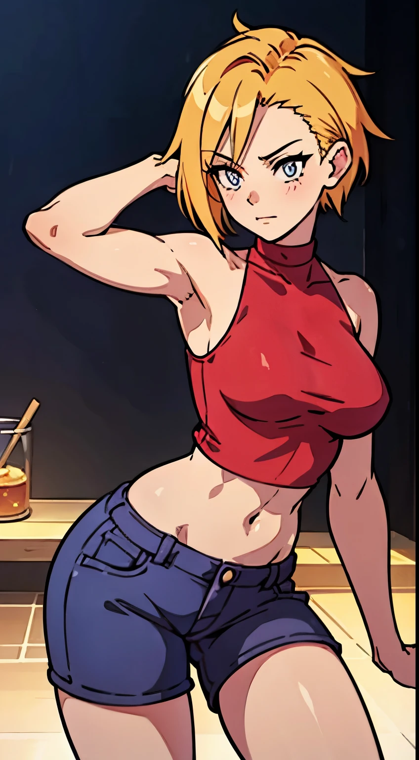 ellevianno,1girl,
long hair,high ponytail,hair ribbon,bangs,blonde hair,hair between eyes,blue eyes,
red jacket, blush, lipstick, long hair, crazy eyes ,Hot girl, baddie, staring, glaring, bad attitude, mean girl, crazy, smoking, sensual, attractive, nightclub, indoors, bar, inside bar, fur trim, mature female, gloves, fur-trimmed coat ,jacket, masterpiece,high quality,4k, bare shoulder,belly,crop top,holding pistol,cleavage,jeans,casual dress,street,road,smile, (nsfw) not safe for work, holding a gun,handgun, evil expression, exposed belly, exposed navel, exposed midriff, exposed lower belly, crop top overhang, underboob, unbuttoned jeans , low rise black jeans, Low rise jeans, Low rise jeans with open fly