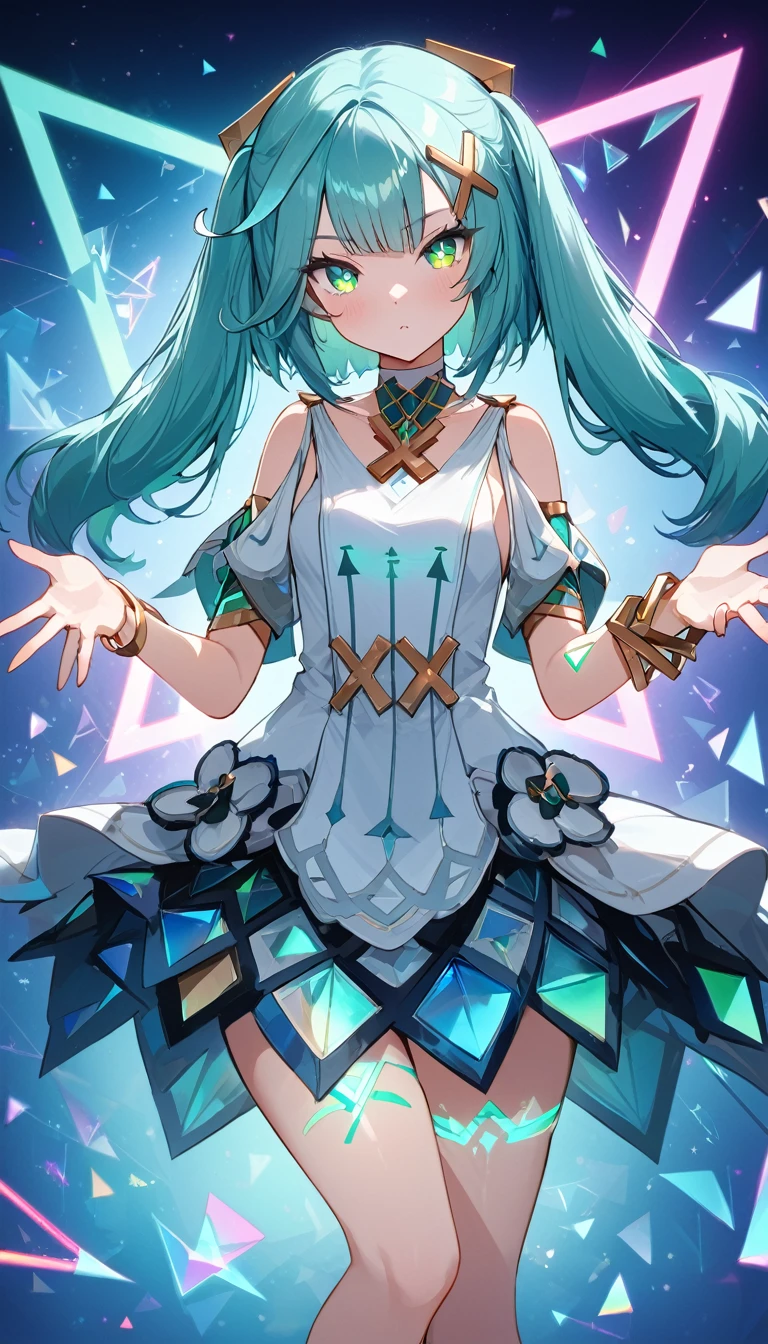 Faruzan,Farzan,1girl,cowboy shot, expressionless,Aqua Hair, Straight bangs, Clergy, (Green Eyes:1.5), Hair between the eyes, Hair Accessories, Long Hair, (Symbol-shaped pupil:1.5), (△ pupil:1.5), Twin tails, x Hair Accessories, bangle, Farzan, Bare shoulders, bracelet, dress, jewelry, Short sleeve, Shiny clothes,Arm and leg tattoos、Blue and white mix、Emits neon light、Great graphics、( Illustration: 0. 8), ,(Beautiful fine details: 1.6),Best Quality、High resolution、Very detailed ,(masterpiece:1.2), (Perfect hands, perfect anatomy),光るjewelry、Floating triangular neon lights,cute、(Glowing geometric background)