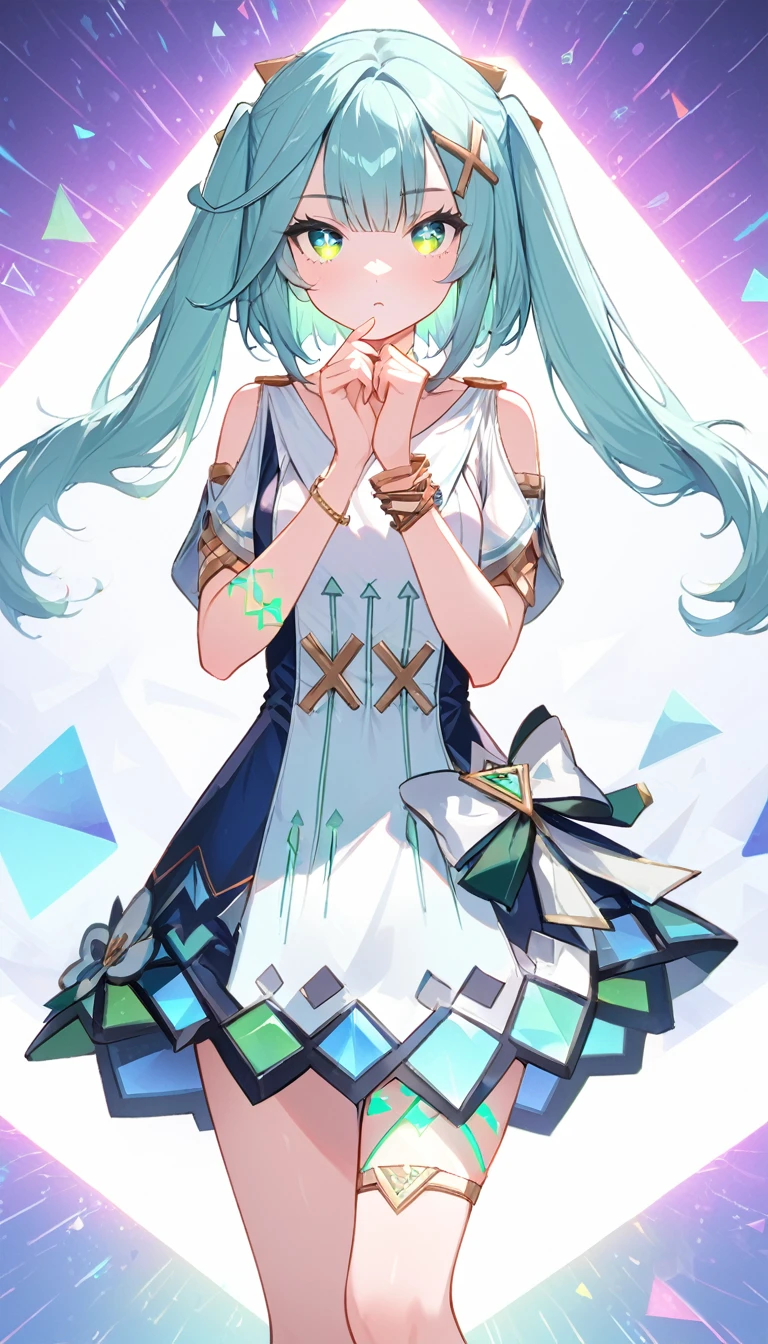 Faruzan,Farzan,1girl,cowboy shot, expressionless,Aqua Hair, Straight bangs, Clergy, (Green Eyes:1.5), Hair between the eyes, Hair Accessories, Long Hair, (Symbol-shaped pupil:1.5), (△ pupil:1.5), Twin tails, x Hair Accessories, bangle, Farzan, Bare shoulders, bracelet, dress, jewelry, Short sleeve, Shiny clothes,Arm and leg tattoos、Blue and white mix、Emits neon light、Great graphics、( Illustration: 0. 8), ,(Beautiful fine details: 1.6),Best Quality、High resolution、Very detailed ,(masterpiece:1.2), (Perfect hands, perfect anatomy),光るjewelry、Floating triangular neon lights,cute、(Glowing geometric background)