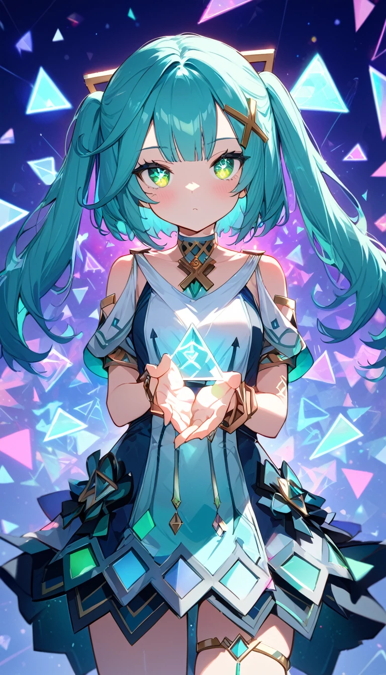 Faruzan,Farzan,1girl,cowboy shot, expressionless,Aqua Hair, Straight bangs, Clergy, (Green Eyes:1.5), Hair between the eyes, Hair Accessories, Long Hair, (Symbol-shaped pupil:1.5), (△ pupil:1.5), Twin tails, x Hair Accessories, bangle, Farzan, Bare shoulders, bracelet, dress, jewelry, Short sleeve, Shiny clothes,Arm and leg tattoos、Blue and white mix、Emits neon light、Great graphics、( Illustration: 0. 8), ,(Beautiful fine details: 1.6),Best Quality、High resolution、Very detailed ,(masterpiece:1.2), (Perfect hands, perfect anatomy),光るjewelry、Floating triangular neon lights,cute、(Glowing geometric background)