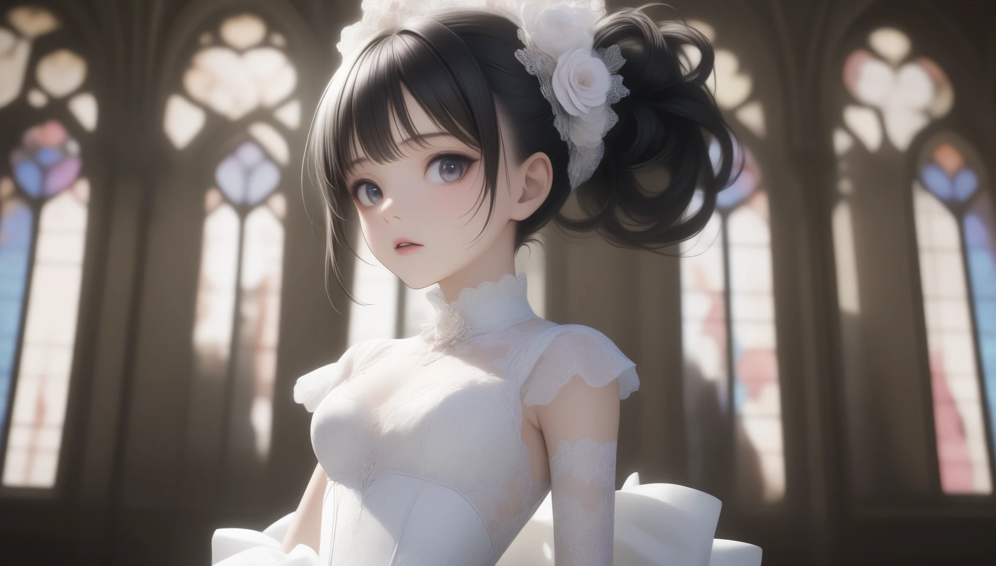 ((masterpiece, best quality, ultra-detailed, high resolution, extremely detailed CG, super detailed, Most beautiful clean lighting)), 1girl, small girl, under 12, cute girl, pretty face, smile, white skin, Beautiful black hair, hair cut in a row, bob cut, straight hair, black eyes, kawaii, slender, small build, kawaii, little body, divine garment, fantastic landscape, ultimate beauty