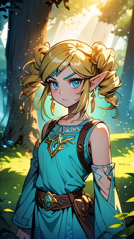 (1girl, Alone, ppgzmyk), (extremely detailed CG unit 8k wallpaper),(master part), (best quality), (ultra detail), (best illustration),(Xuer-Zelda-style), cowboy shot, (Sharp eyeliner, ombre, detailed eyes:1), forest, outdoors background, ,break,  (FanFo), upper body, blue eyes, blonde hair, twin drills, 