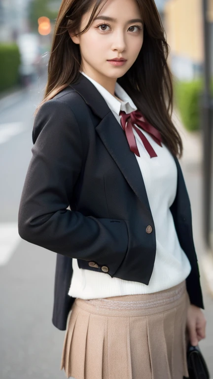 High resolution, masterpiece, solo, Anatomically correct, Ultra high definition, Textured skin, high school student、Japanese high school blazer uniform、((Center-parted brown hair)), Cowboy Shot, 