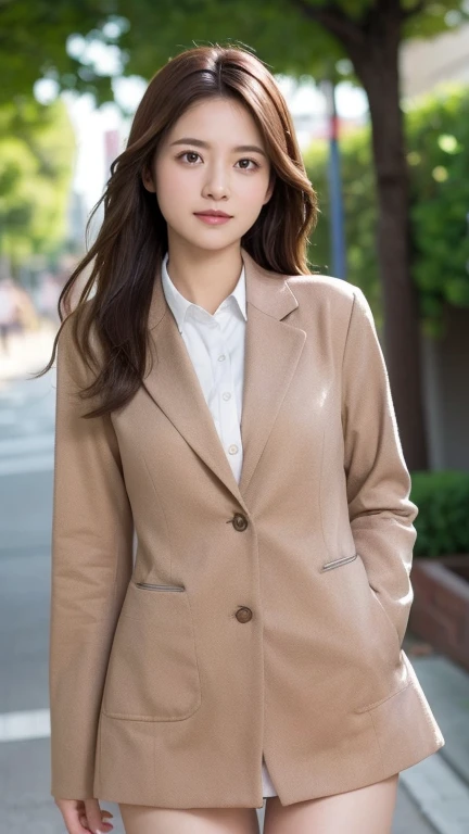 High resolution, masterpiece, solo, Anatomically correct, Ultra high definition, Textured skin, high school student、Japanese high school blazer uniform、((Center-parted brown hair)), Cowboy Shot, 