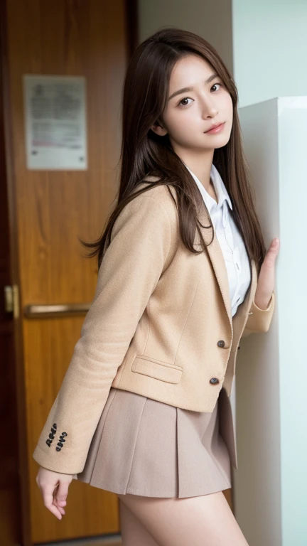 High resolution, masterpiece, solo, Anatomically correct, Ultra high definition, Textured skin, high school student、Japanese high school blazer uniform、((Center-parted brown hair)), Cowboy Shot, 