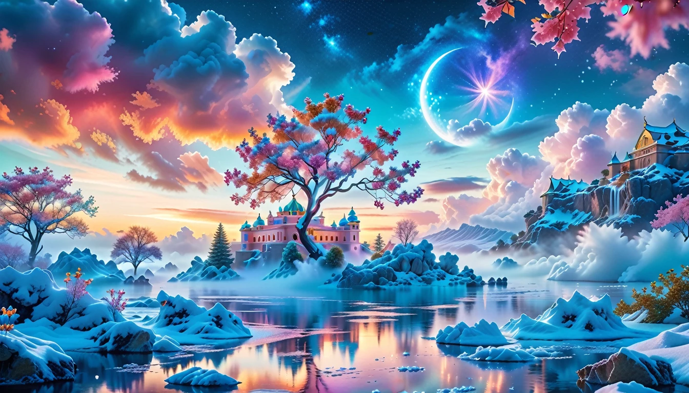 A Masterpiece In 32K Resolution: Supreme Quality, Super Detail, Official Art, Very High-Resolution 32K Wallpaper, Beautiful And Aesthetic, Ultra-Detailed Features, Awe-Inspiring Detail. Winter Wonderland (A Surreal Fantasy Landscape). Step Into A Dreamy Realm Where A Surreal Winter Landscape Unfolds, Featuring A Fairy-Tale Island Floating Amidst Whimsical Clouds. Colorful Dance Through The Air, And A Majestic Palace, Draped In Glistening Snow, Stands As The Centerpiece. Nearby, The Tree Of Life Blossoms With Vibrant Vitality, Symbolizing Hope And Renewal. The Night Sky Twinkles With Radiant Stars, While Layers Of Ethereal Clouds And Mist Create An Enchanting Atmosphere. This Breathtaking Scene Captures The Essence Of Magical Fantasy, Beautifully Rendered. Experience The Intricate Details Of This Epic Dreamlike Landscape, Where Every Element - From The Enchanting Floating Fairy Island To The Mystical Scenery And World Of Wonder.