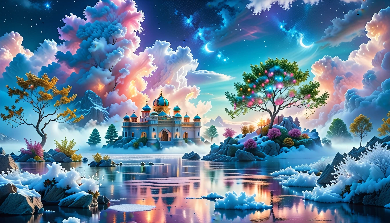 A Masterpiece In 32K Resolution: Supreme Quality, Super Detail, Official Art, Very High-Resolution 32K Wallpaper, Beautiful And Aesthetic, Ultra-Detailed Features, Awe-Inspiring Detail. Winter Wonderland (A Surreal Fantasy Landscape). Step Into A Dreamy Realm Where A Surreal Winter Landscape Unfolds, Featuring A Fairy-Tale Island Floating Amidst Whimsical Clouds. Colorful Dance Through The Air, And A Majestic Palace, Draped In Glistening Snow, Stands As The Centerpiece. Nearby, The Tree Of Life Blossoms With Vibrant Vitality, Symbolizing Hope And Renewal. The Night Sky Twinkles With Radiant Stars, While Layers Of Ethereal Clouds And Mist Create An Enchanting Atmosphere. This Breathtaking Scene Captures The Essence Of Magical Fantasy, Beautifully Rendered. Experience The Intricate Details Of This Epic Dreamlike Landscape, Where Every Element - From The Enchanting Floating Fairy Island To The Mystical Scenery And World Of Wonder.