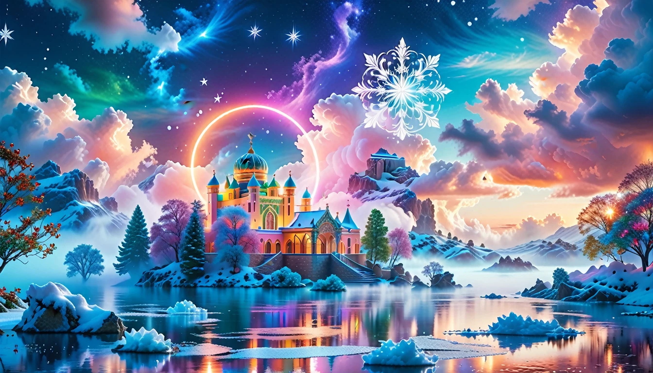 A Masterpiece In 32K Resolution: Supreme Quality, Super Detail, Official Art, Very High-Resolution 32K Wallpaper, Beautiful And Aesthetic, Ultra-Detailed Features, Awe-Inspiring Detail. Winter Wonderland (A Surreal Fantasy Landscape). Step Into A Dreamy Realm Where A Surreal Winter Landscape Unfolds, Featuring A Fairy-Tale Island Floating Amidst Whimsical Clouds. Colorful Dance Through The Air, And A Majestic Palace, Draped In Glistening Snow, Stands As The Centerpiece. Nearby, The Tree Of Life Blossoms With Vibrant Vitality, Symbolizing Hope And Renewal. The Night Sky Twinkles With Radiant Stars, While Layers Of Ethereal Clouds And Mist Create An Enchanting Atmosphere. This Breathtaking Scene Captures The Essence Of Magical Fantasy, Beautifully Rendered. Experience The Intricate Details Of This Epic Dreamlike Landscape, Where Every Element - From The Enchanting Floating Fairy Island To The Mystical Scenery And World Of Wonder.