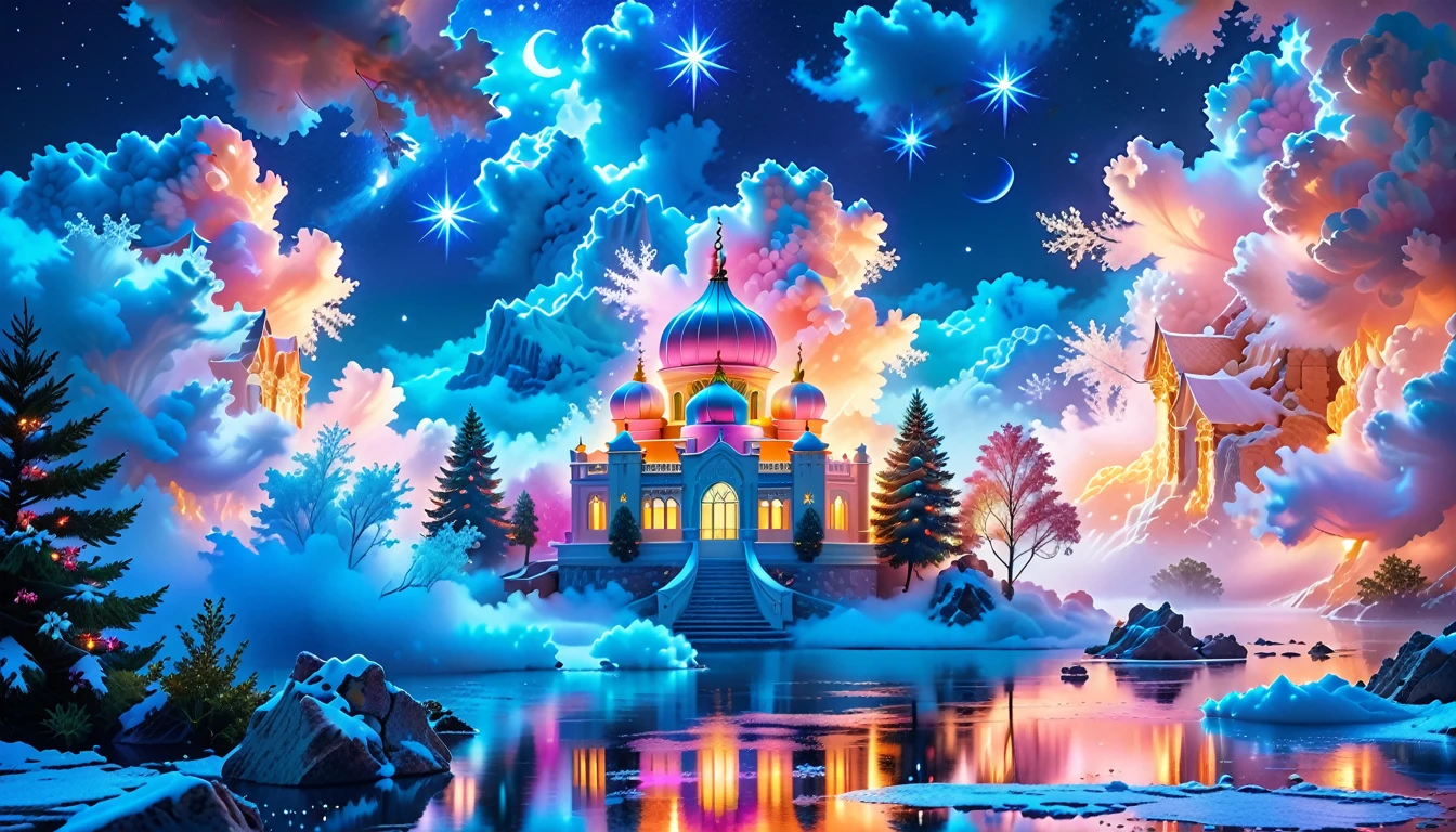 A Masterpiece In 32K Resolution: Supreme Quality, Super Detail, Official Art, Very High-Resolution 32K Wallpaper, Beautiful And Aesthetic, Ultra-Detailed Features, Awe-Inspiring Detail. Winter Wonderland (A Surreal Fantasy Landscape). Step Into A Dreamy Realm Where A Surreal Winter Landscape Unfolds, Featuring A Fairy-Tale Island Floating Amidst Whimsical Clouds. Colorful Dance Through The Air, And A Majestic Palace, Draped In Glistening Snow, Stands As The Centerpiece. Nearby, The Tree Of Life Blossoms With Vibrant Vitality, Symbolizing Hope And Renewal. The Night Sky Twinkles With Radiant Stars, While Layers Of Ethereal Clouds And Mist Create An Enchanting Atmosphere. This Breathtaking Scene Captures The Essence Of Magical Fantasy, Beautifully Rendered. Experience The Intricate Details Of This Epic Dreamlike Landscape, Where Every Element - From The Enchanting Floating Fairy Island To The Mystical Scenery And World Of Wonder.