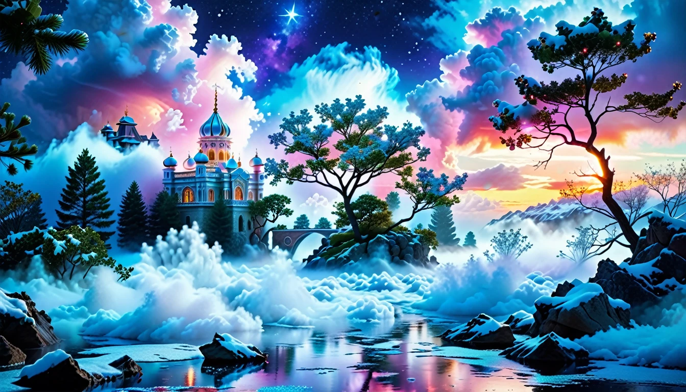 A Masterpiece In 32K Resolution: Supreme Quality, Super Detail, Official Art, Very High-Resolution 32K Wallpaper, Beautiful And Aesthetic, Ultra-Detailed Features, Awe-Inspiring Detail. Winter Wonderland (A Surreal Fantasy Landscape). Step Into A Dreamy Realm Where A Surreal Winter Landscape Unfolds, Featuring A Fairy-Tale Island Floating Amidst Whimsical Clouds. Colorful Dance Through The Air, And A Majestic Palace, Draped In Glistening Snow, Stands As The Centerpiece. Nearby, The Tree Of Life Blossoms With Vibrant Vitality, Symbolizing Hope And Renewal. The Night Sky Twinkles With Radiant Stars, While Layers Of Ethereal Clouds And Mist Create An Enchanting Atmosphere. This Breathtaking Scene Captures The Essence Of Magical Fantasy, Beautifully Rendered. Experience The Intricate Details Of This Epic Dreamlike Landscape, Where Every Element - From The Enchanting Floating Fairy Island To The Mystical Scenery And World Of Wonder.