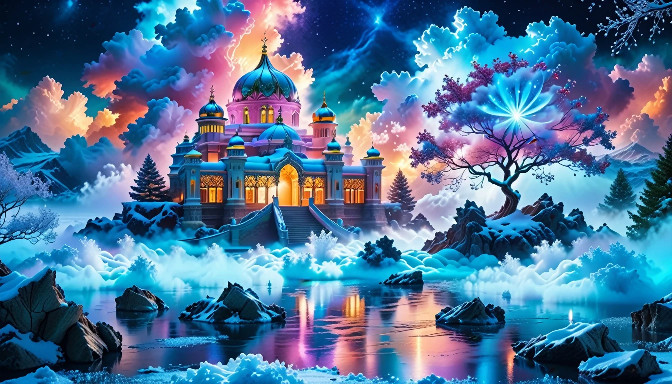 A Masterpiece In 32K Resolution: Supreme Quality, Super Detail, Official Art, Very High-Resolution 32K Wallpaper, Beautiful And Aesthetic, Ultra-Detailed Features, Awe-Inspiring Detail. Winter Wonderland (A Surreal Fantasy Landscape). Step Into A Dreamy Realm Where A Surreal Winter Landscape Unfolds, Featuring A Fairy-Tale Island Floating Amidst Whimsical Clouds. Colorful Dance Through The Air, And A Majestic Palace, Draped In Glistening Snow, Stands As The Centerpiece. Nearby, The Tree Of Life Blossoms With Vibrant Vitality, Symbolizing Hope And Renewal. The Night Sky Twinkles With Radiant Stars, While Layers Of Ethereal Clouds And Mist Create An Enchanting Atmosphere. This Breathtaking Scene Captures The Essence Of Magical Fantasy, Beautifully Rendered. Experience The Intricate Details Of This Epic Dreamlike Landscape, Where Every Element - From The Enchanting Floating Fairy Island To The Mystical Scenery And World Of Wonder.