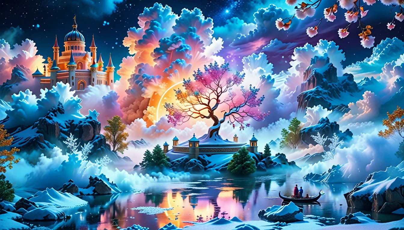 A Masterpiece In 32K Resolution: Supreme Quality, Super Detail, Official Art, Very High-Resolution 32K Wallpaper, Beautiful And Aesthetic, Ultra-Detailed Features, Awe-Inspiring Detail. Winter Wonderland (A Surreal Fantasy Landscape). Step Into A Dreamy Realm Where A Surreal Winter Landscape Unfolds, Featuring A Fairy-Tale Island Floating Amidst Whimsical Clouds. Colorful Dance Through The Air, And A Majestic Palace, Draped In Glistening Snow, Stands As The Centerpiece. Nearby, The Tree Of Life Blossoms With Vibrant Vitality, Symbolizing Hope And Renewal. The Night Sky Twinkles With Radiant Stars, While Layers Of Ethereal Clouds And Mist Create An Enchanting Atmosphere. This Breathtaking Scene Captures The Essence Of Magical Fantasy, Beautifully Rendered. Experience The Intricate Details Of This Epic Dreamlike Landscape, Where Every Element - From The Enchanting Floating Fairy Island To The Mystical Scenery And World Of Wonder.