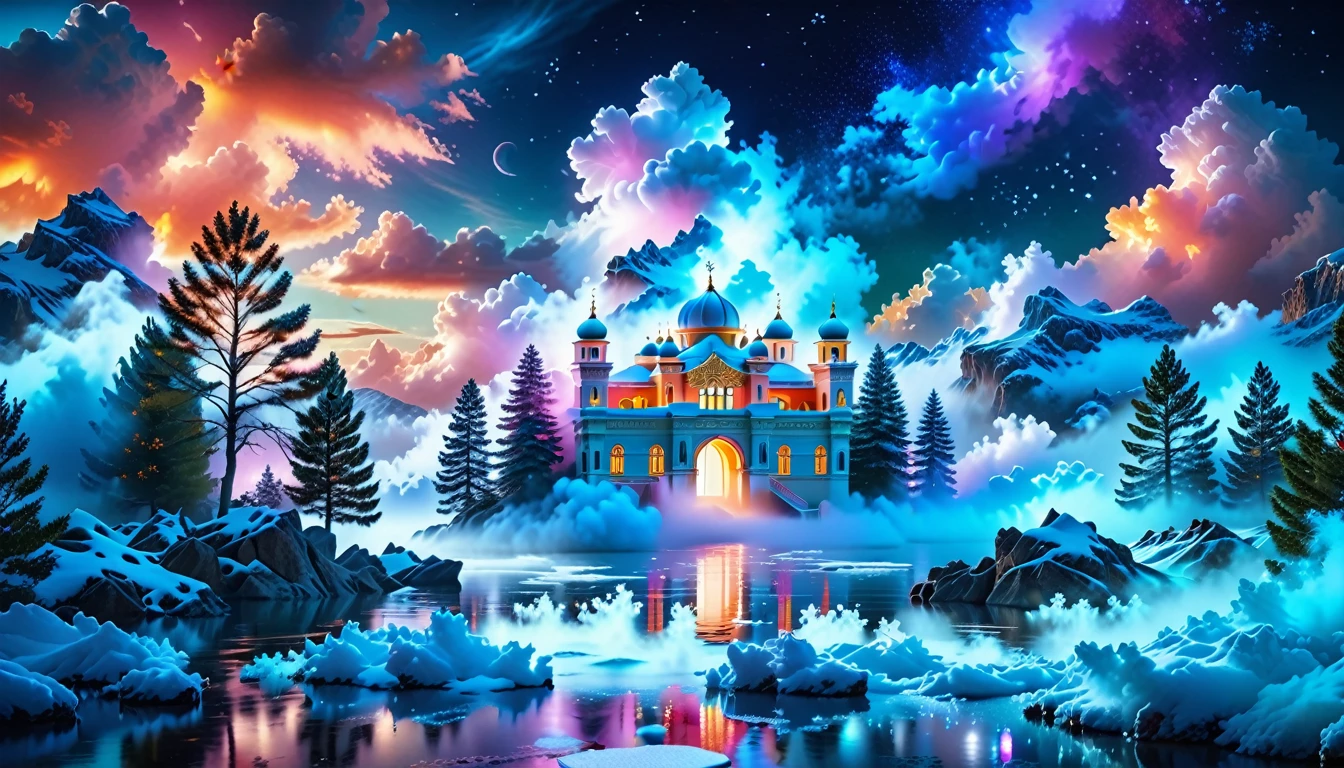 A Masterpiece In 32K Resolution: Supreme Quality, Super Detail, Official Art, Very High-Resolution 32K Wallpaper, Beautiful And Aesthetic, Ultra-Detailed Features, Awe-Inspiring Detail. Winter Wonderland (A Surreal Fantasy Landscape). Step Into A Dreamy Realm Where A Surreal Winter Landscape Unfolds, Featuring A Fairy-Tale Island Floating Amidst Whimsical Clouds. Colorful Dance Through The Air, And A Majestic Palace, Draped In Glistening Snow, Stands As The Centerpiece. Nearby, The Tree Of Life Blossoms With Vibrant Vitality, Symbolizing Hope And Renewal. The Night Sky Twinkles With Radiant Stars, While Layers Of Ethereal Clouds And Mist Create An Enchanting Atmosphere. This Breathtaking Scene Captures The Essence Of Magical Fantasy, Beautifully Rendered. Experience The Intricate Details Of This Epic Dreamlike Landscape, Where Every Element - From The Enchanting Floating Fairy Island To The Mystical Scenery And World Of Wonder.