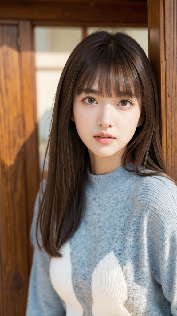 High resolution, masterpiece, solo, Anatomically correct, Ultra high definition, Textured skin, university student、Casual clothes worn by female college students、((Brown hair with bangs)), Cowboy Shot, 