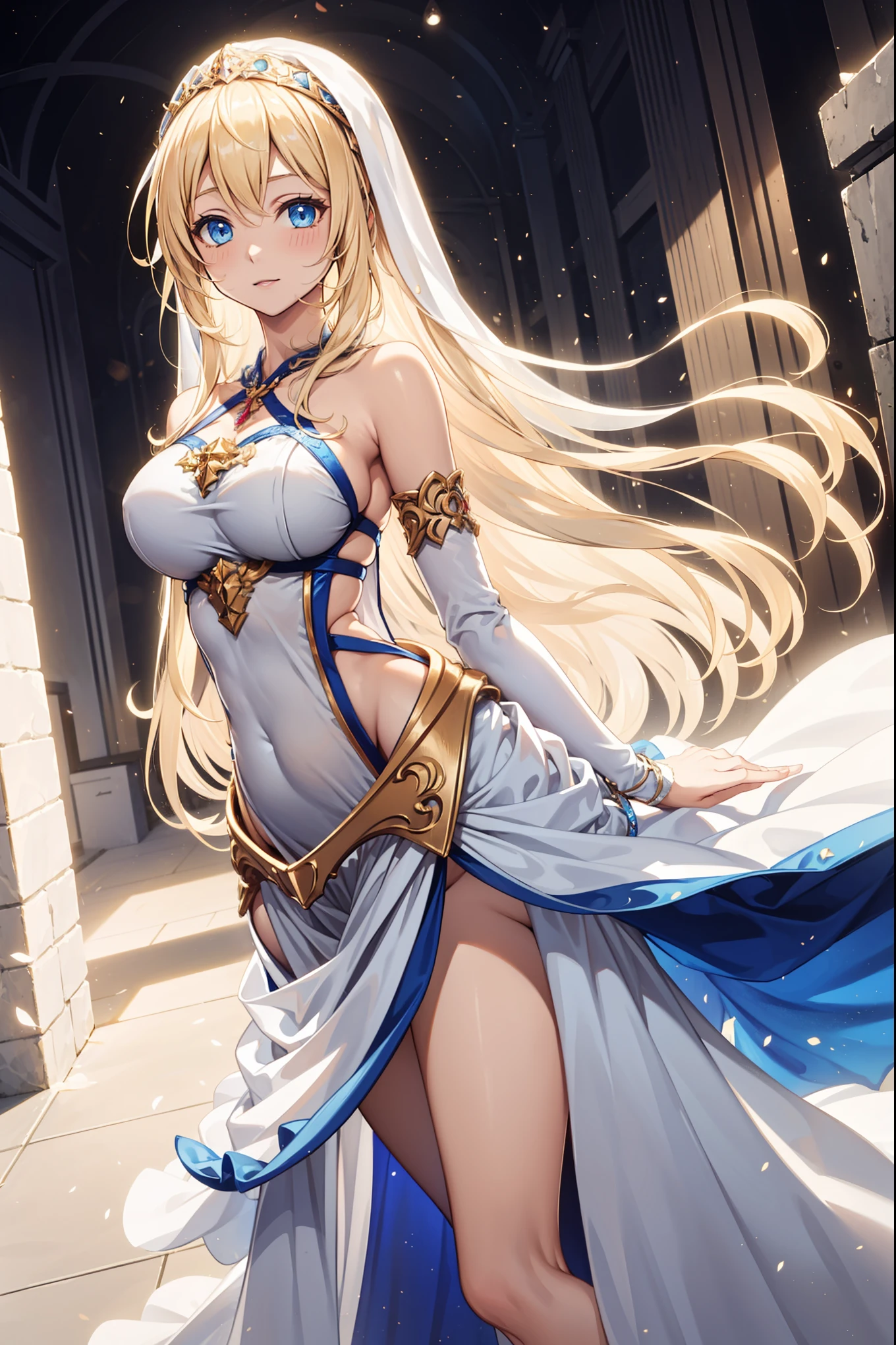 Become a，Fantasy Princess，obsessed，Full breasts，in love，sacred，(And a white princess dress:1.3)，Blonde hair and blue eyes，Blue Eyes，Great Sword，Holy Sword，Super super details，Ruffles，Lots of Lace，(Stripes on clothes:1.2)，(Dress nicely:1.1)，(Layered Skirt),Transparent clothing，Beautiful and delicate face，movie lighting，night，The only person，Lace,(shine:1.2), (Best quality), (masterpiece:1.2),shine宝石, Gentle, Gentle, goddess, ,, Gentle, group，SFW skirt