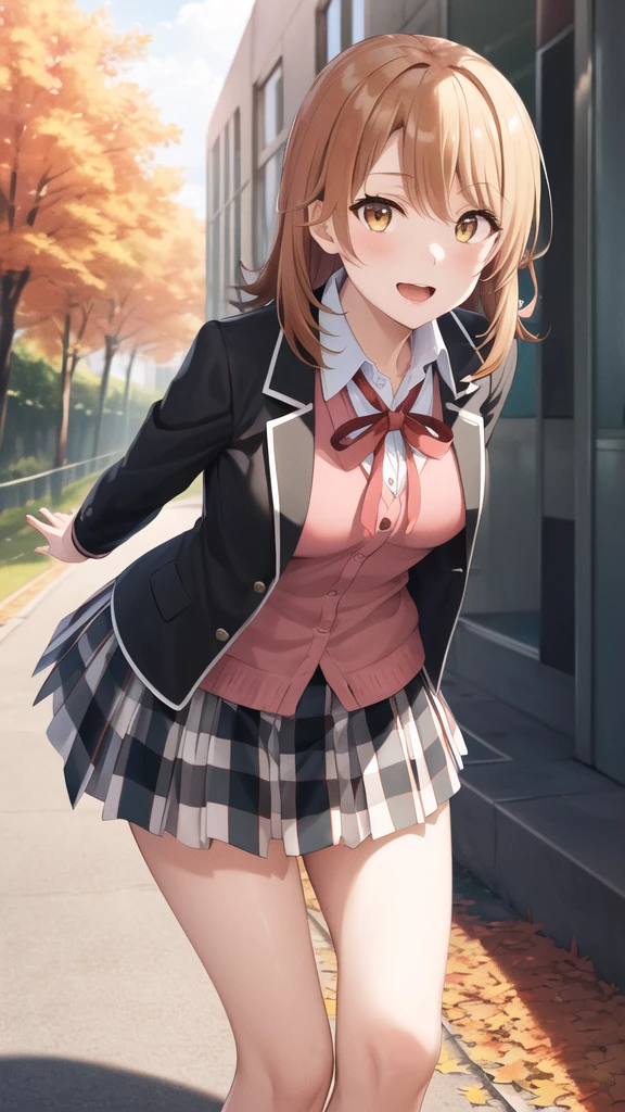 masterpiece, best quality, highres, aairoha, medium hair, school uniform, neck ribbon, collared shirt, blazer, black jacket, open jacket, long sleeves, plaid skirt, standing, cowboy shot, leaning forward, arms behind back, smile, open mouth, outdoors, autumn,