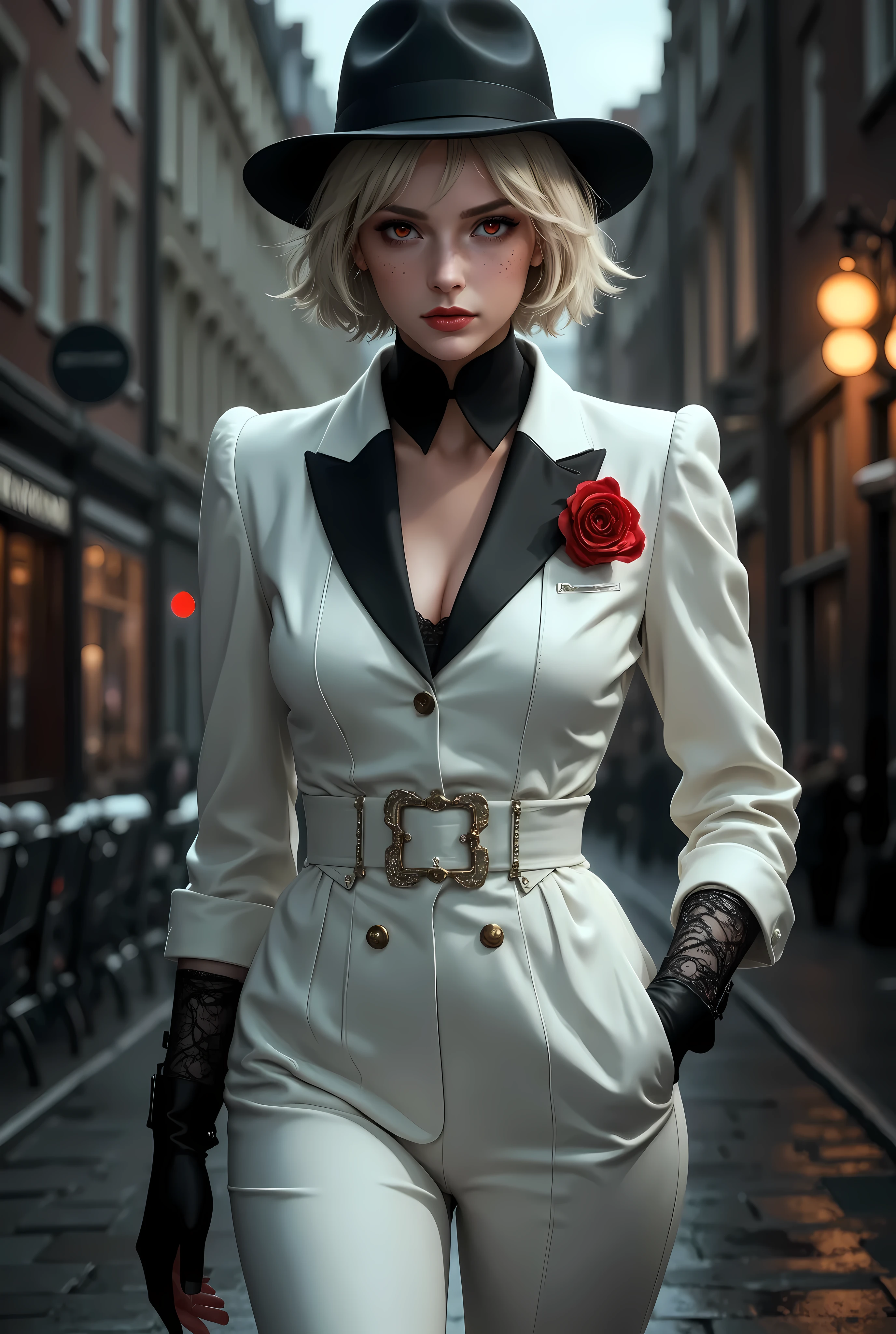 A striking female vampire exudes power and sophistication as she stands against a dark, shadowy background. Her short, sleek white hair peeks out from under a stylish black fedora, adding to her mafia boss aura. Her glowing red eyes pierce through the darkness with a commanding gaze. She is dressed in a sharp, tailored white suit with black lapels, exuding elegance and control. A blood-red pocket square and a rose pinned to her jacket add a vibrant contrast, while the lace detailing on her cuffs provides a subtle gothic touch. The image captures her deadly allure, blending the sinister grace of a vampire with the cool, calculated presence of a mafia leader. Every detail is rendered in high fidelity and ultra quality, with a cinematic composition that highlights her dominance and mysterious charm.