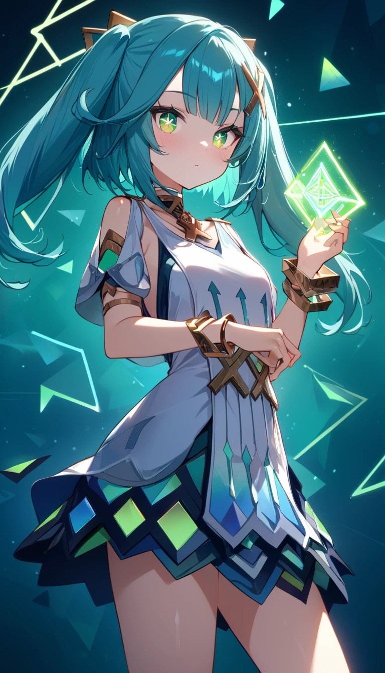 Faruzan,Farzan,1girl,cowboy shot, expressionless,Aqua Hair, Straight bangs, Clergy, (Green Eyes:1.5), Hair between the eyes, Hair Accessories, Long Hair, (Symbol-shaped pupil:1.5), (△ pupil:1.5), Twin tails, x Hair Accessories, bangle, Farzan, Bare shoulders, bracelet, dress, jewelry, Short sleeve, Shiny clothes,（Tattoos on arms and legs、Gold and green mix、Emits neon light）、Great graphics、( Illustration: 0. 8), ,(Beautiful fine details: 1.6),Best Quality、High resolution、Very detailed ,(masterpiece:1.2), (Perfect hands, perfect anatomy),光るjewelry、Floating triangular neon lights,cute、(Glowing geometric background)