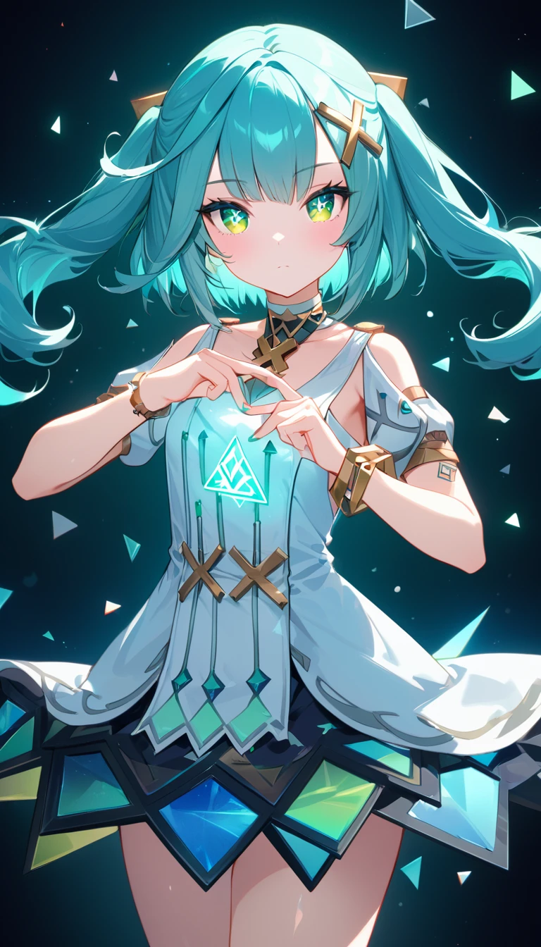 Faruzan,Farzan,1girl,cowboy shot, expressionless,Aqua Hair, Straight bangs, Clergy, (Green Eyes:1.5), Hair between the eyes, Hair Accessories, Long Hair, (Symbol-shaped pupil:1.5), (△ pupil:1.5), Twin tails, x Hair Accessories, bangle, Farzan, Bare shoulders, bracelet, dress, jewelry, Short sleeve, Shiny clothes,（Tattoos on arms and legs、Gold and green mix、Emits neon light）、Great graphics、( Illustration: 0. 8), ,(Beautiful fine details: 1.6),Best Quality、High resolution、Very detailed ,(masterpiece:1.2), (Perfect hands, perfect anatomy),光るjewelry、Floating triangular neon lights,cute、(Glowing geometric background)