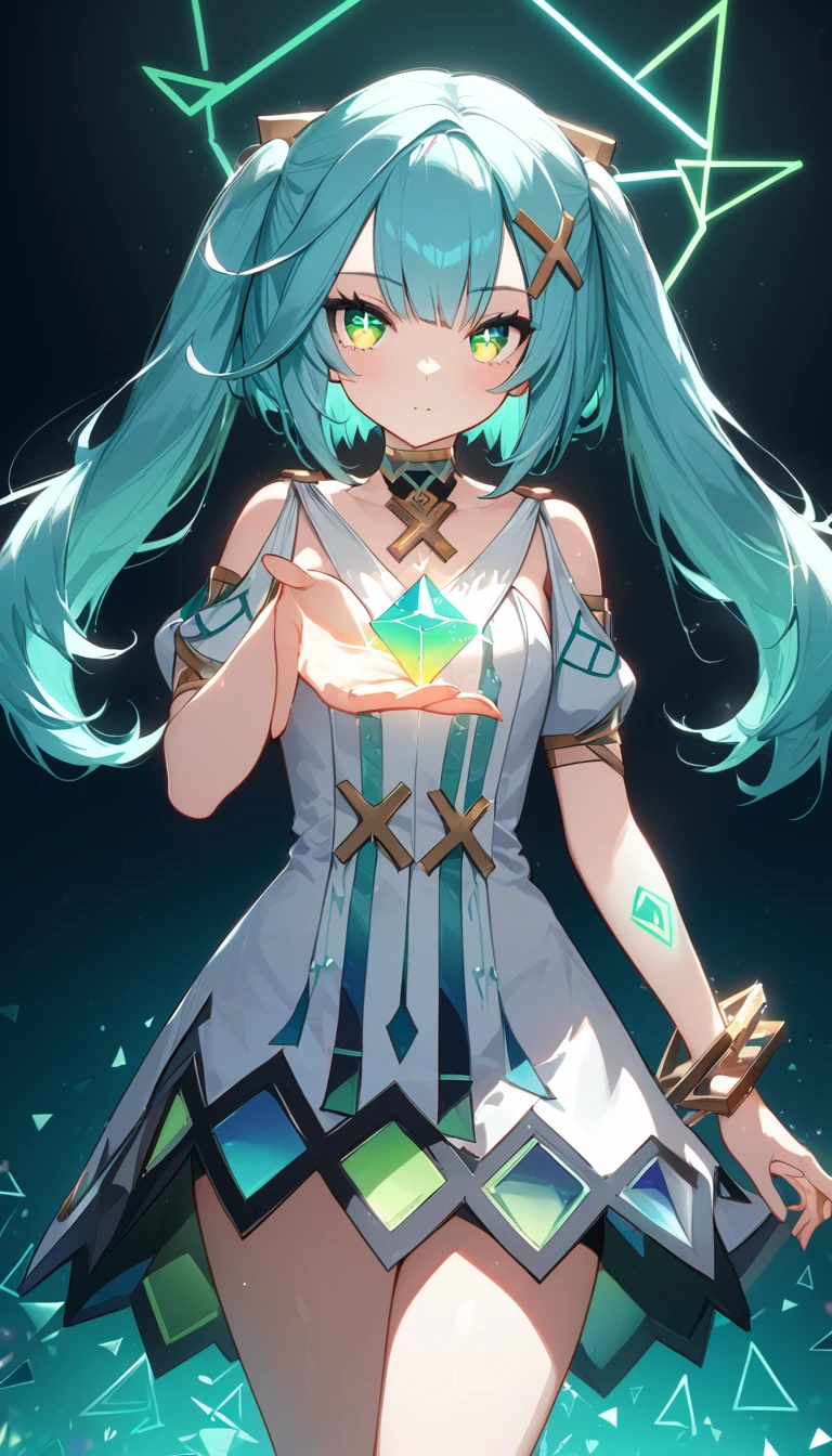 Faruzan,Farzan,1girl,cowboy shot, expressionless,Aqua Hair, Straight bangs, Clergy, (Green Eyes:1.5), Hair between the eyes, Hair Accessories, Long Hair, (Symbol-shaped pupil:1.5), (△ pupil:1.5), Twin tails, x Hair Accessories, bangle, Farzan, Bare shoulders, bracelet, dress, jewelry, Short sleeve, Shiny clothes,（Tattoos on arms and legs、Gold and green mix、Emits neon light）、Great graphics、( Illustration: 0. 8), ,(Beautiful fine details: 1.6),Best Quality、High resolution、Very detailed ,(masterpiece:1.2), (Perfect hands, perfect anatomy),光るjewelry、Floating triangular neon lights,cute、(Glowing geometric background)