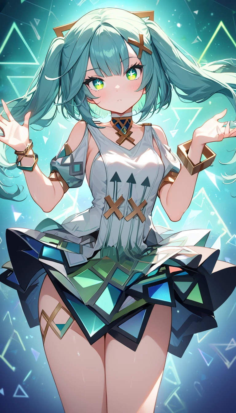 Faruzan,Farzan,1girl,cowboy shot, expressionless,Aqua Hair, Straight bangs, Clergy, (Green Eyes:1.5), Hair between the eyes, Hair Accessories, Long Hair, (Symbol-shaped pupil:1.5), (△ pupil:1.5), Twin tails, x Hair Accessories, bangle, Farzan, Bare shoulders, bracelet, dress, jewelry, Short sleeve, Shiny clothes,（Tattoos on arms and legs、Gold and green mix、Emits neon light）、Great graphics、( Illustration: 0. 8), ,(Beautiful fine details: 1.6),Best Quality、High resolution、Very detailed ,(masterpiece:1.2), (Perfect hands, perfect anatomy),光るjewelry、Floating triangular neon lights,cute、(Glowing geometric background)