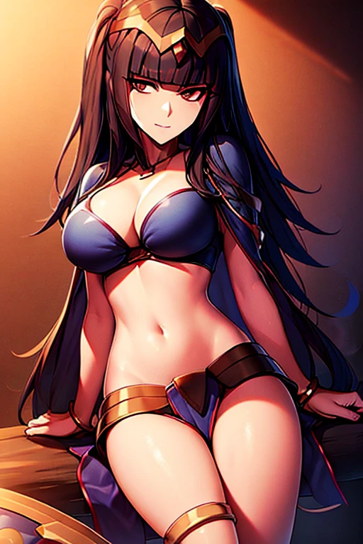 {{masterpiece, ultra-high quality, ultra detailed CG,}} perfect character fusion, outfit fusion, not wearing a swimsuit, sunset, Tharja, Tharja (Fire Emblem), Dark Magician Girl, Dark Magician Girl (Yu-Gi-Oh!), dark purple witch's hat, black straight hair, waist length hair, shoulder less outfit, heels, seductive smile, closed mouth, full body view, large breasts, official art, black thigh highs, thigh hugging thigh highs, looking at viewer, sitting next to a campfire, holding a magical tome, magical staff resting against log besides her