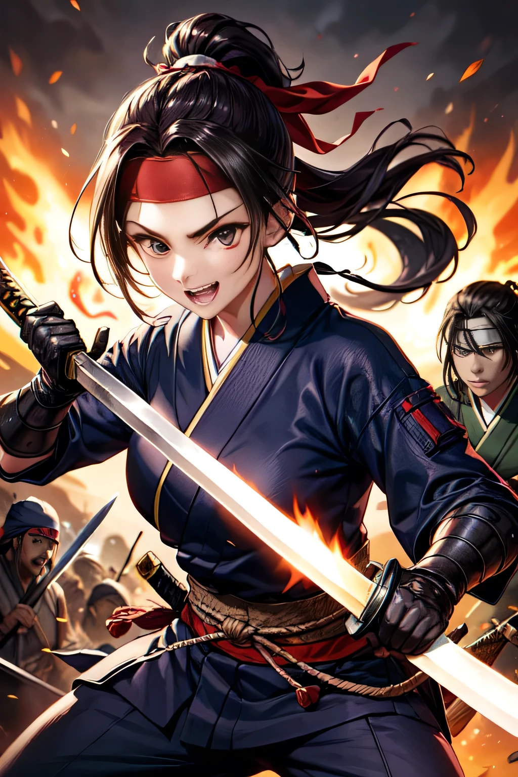 One Girl, warrior,Japanese sword,anime,Anatomically correct, A series of character actions, Ninja,ponytail, masterpiece, Textured Skin, Action Painting, Surrounded by enemies,battle,Flaming Sword,Headband,A happy look
