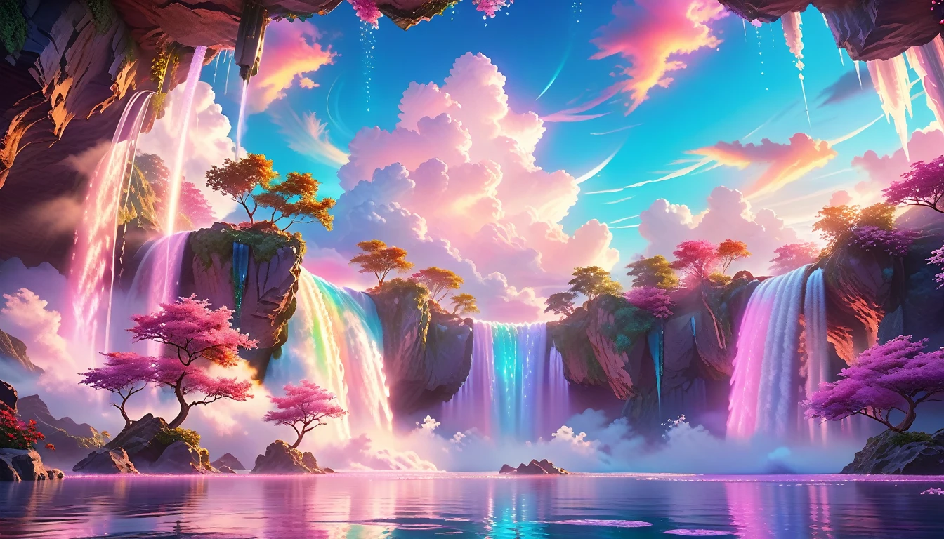 A Masterpiece In 32K Resolution: Supreme Quality, Super Detail, Official Art, Very High-Resolution 32K Wallpaper, Beautiful And Aesthetic, Ultra-Detailed Features, Awe-Inspiring Detail. Enchanted Scenes Of A Majestic Romantic Fantasy Realm. Imagine A Breathtaking World Of Romantic Fantasy, Where Intricate Floating Islands Drift Amid Fluffy Clouds. Waterfalls Cascade Gracefully From These Islands, Creating A Mesmerizing Spectacle Within A Vibrant, Surreal Atmosphere. The Environment Radiates Wonder And Tranquility, Infused With A Harmonious Blend Of Soft Pinks And Vibrant Jewel Tones. This Scene Will Be Illustrated In An Anime Style, Featuring Soft Lines And Pastel Colors Accented With Whimsical Touches. Each Building Is Exquisitely Detailed And Elegant, Capturing The Ethereal Beauty And Serenity Of A Dreamlike Realm. The Artwork Will Evoke A Sense Of Escape From The Ordinary, Showcasing Glimmering Cyan Waters And A Colorful Watercolor Sky. Add Glowing Elements And A Multitude Of Enchanting Fantasy Details, Including Iridescent Features, Beautifully Crafted Landscapes, And Sparkling Accents. The Overall Effect Should Resonate With A Captivating Fantasy Art Style, Rich In Vibrant Colors And Blurred, Surreal Details That Transport Viewers To This Magical Realm.