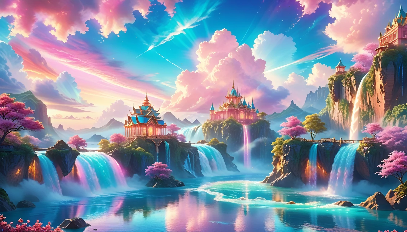 A Masterpiece In 32K Resolution: Supreme Quality, Super Detail, Official Art, Very High-Resolution 32K Wallpaper, Beautiful And Aesthetic, Ultra-Detailed Features, Awe-Inspiring Detail. Enchanted Scenes Of A Majestic Romantic Fantasy Realm. Imagine A Breathtaking World Of Romantic Fantasy, Where Intricate Floating Islands Drift Amid Fluffy Clouds. Waterfalls Cascade Gracefully From These Islands, Creating A Mesmerizing Spectacle Within A Vibrant, Surreal Atmosphere. The Environment Radiates Wonder And Tranquility, Infused With A Harmonious Blend Of Soft Pinks And Vibrant Jewel Tones. This Scene Will Be Illustrated In An Anime Style, Featuring Soft Lines And Pastel Colors Accented With Whimsical Touches. Each Building Is Exquisitely Detailed And Elegant, Capturing The Ethereal Beauty And Serenity Of A Dreamlike Realm. The Artwork Will Evoke A Sense Of Escape From The Ordinary, Showcasing Glimmering Cyan Waters And A Colorful Watercolor Sky. Add Glowing Elements And A Multitude Of Enchanting Fantasy Details, Including Iridescent Features, Beautifully Crafted Landscapes, And Sparkling Accents. The Overall Effect Should Resonate With A Captivating Fantasy Art Style, Rich In Vibrant Colors And Blurred, Surreal Details That Transport Viewers To This Magical Realm.