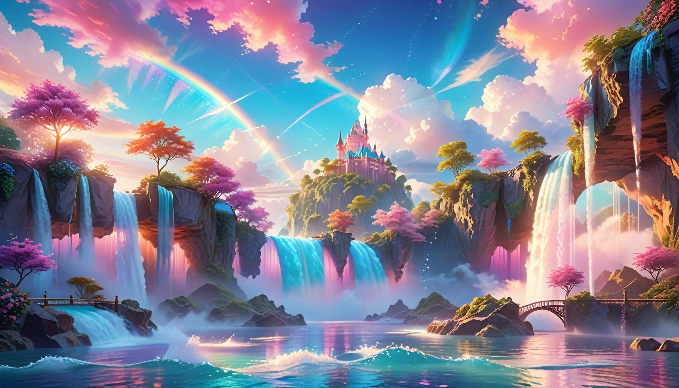 A Masterpiece In 32K Resolution: Supreme Quality, Super Detail, Official Art, Very High-Resolution 32K Wallpaper, Beautiful And Aesthetic, Ultra-Detailed Features, Awe-Inspiring Detail. Enchanted Scenes Of A Majestic Romantic Fantasy Realm. Imagine A Breathtaking World Of Romantic Fantasy, Where Intricate Floating Islands Drift Amid Fluffy Clouds. Waterfalls Cascade Gracefully From These Islands, Creating A Mesmerizing Spectacle Within A Vibrant, Surreal Atmosphere. The Environment Radiates Wonder And Tranquility, Infused With A Harmonious Blend Of Soft Pinks And Vibrant Jewel Tones. This Scene Will Be Illustrated In An Anime Style, Featuring Soft Lines And Pastel Colors Accented With Whimsical Touches. Each Building Is Exquisitely Detailed And Elegant, Capturing The Ethereal Beauty And Serenity Of A Dreamlike Realm. The Artwork Will Evoke A Sense Of Escape From The Ordinary, Showcasing Glimmering Cyan Waters And A Colorful Watercolor Sky. Add Glowing Elements And A Multitude Of Enchanting Fantasy Details, Including Iridescent Features, Beautifully Crafted Landscapes, And Sparkling Accents. The Overall Effect Should Resonate With A Captivating Fantasy Art Style, Rich In Vibrant Colors And Blurred, Surreal Details That Transport Viewers To This Magical Realm.