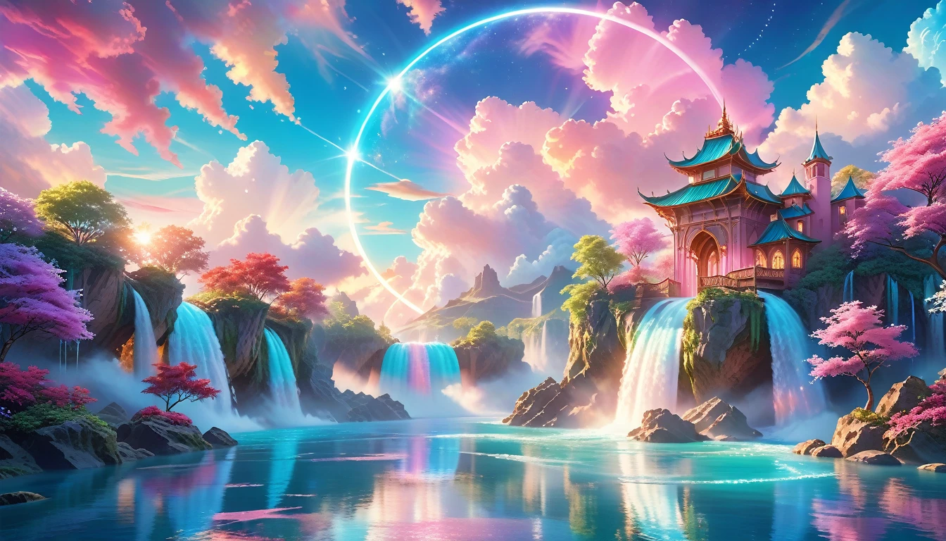 A Masterpiece In 32K Resolution: Supreme Quality, Super Detail, Official Art, Very High-Resolution 32K Wallpaper, Beautiful And Aesthetic, Ultra-Detailed Features, Awe-Inspiring Detail. Enchanted Scenes Of A Majestic Romantic Fantasy Realm. Imagine A Breathtaking World Of Romantic Fantasy, Where Intricate Floating Islands Drift Amid Fluffy Clouds. Waterfalls Cascade Gracefully From These Islands, Creating A Mesmerizing Spectacle Within A Vibrant, Surreal Atmosphere. The Environment Radiates Wonder And Tranquility, Infused With A Harmonious Blend Of Soft Pinks And Vibrant Jewel Tones. This Scene Will Be Illustrated In An Anime Style, Featuring Soft Lines And Pastel Colors Accented With Whimsical Touches. Each Building Is Exquisitely Detailed And Elegant, Capturing The Ethereal Beauty And Serenity Of A Dreamlike Realm. The Artwork Will Evoke A Sense Of Escape From The Ordinary, Showcasing Glimmering Cyan Waters And A Colorful Watercolor Sky. Add Glowing Elements And A Multitude Of Enchanting Fantasy Details, Including Iridescent Features, Beautifully Crafted Landscapes, And Sparkling Accents. The Overall Effect Should Resonate With A Captivating Fantasy Art Style, Rich In Vibrant Colors And Blurred, Surreal Details That Transport Viewers To This Magical Realm.