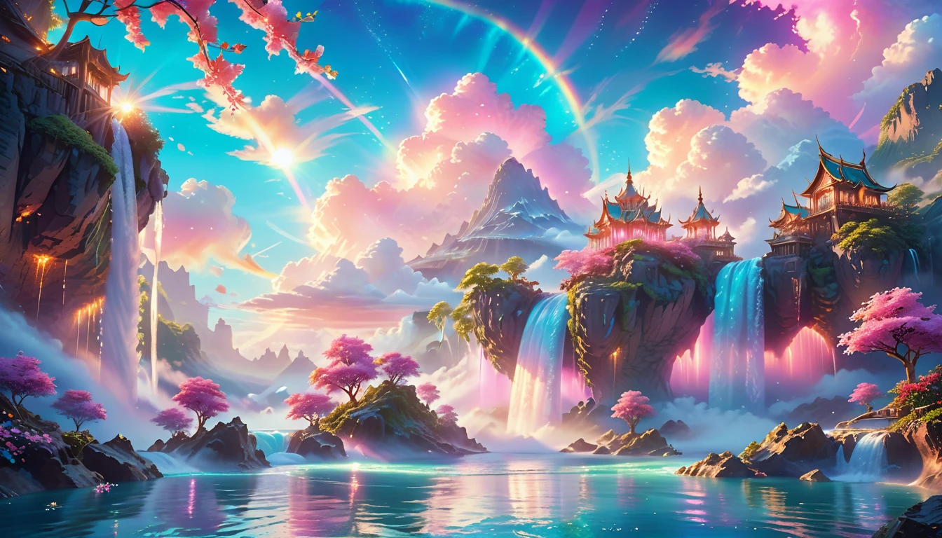 A Masterpiece In 32K Resolution: Supreme Quality, Super Detail, Official Art, Very High-Resolution 32K Wallpaper, Beautiful And Aesthetic, Ultra-Detailed Features, Awe-Inspiring Detail. Enchanted Scenes Of A Majestic Romantic Fantasy Realm. Imagine A Breathtaking World Of Romantic Fantasy, Where Intricate Floating Islands Drift Amid Fluffy Clouds. Waterfalls Cascade Gracefully From These Islands, Creating A Mesmerizing Spectacle Within A Vibrant, Surreal Atmosphere. The Environment Radiates Wonder And Tranquility, Infused With A Harmonious Blend Of Soft Pinks And Vibrant Jewel Tones. This Scene Will Be Illustrated In An Anime Style, Featuring Soft Lines And Pastel Colors Accented With Whimsical Touches. Each Building Is Exquisitely Detailed And Elegant, Capturing The Ethereal Beauty And Serenity Of A Dreamlike Realm. The Artwork Will Evoke A Sense Of Escape From The Ordinary, Showcasing Glimmering Cyan Waters And A Colorful Watercolor Sky. Add Glowing Elements And A Multitude Of Enchanting Fantasy Details, Including Iridescent Features, Beautifully Crafted Landscapes, And Sparkling Accents. The Overall Effect Should Resonate With A Captivating Fantasy Art Style, Rich In Vibrant Colors And Blurred, Surreal Details That Transport Viewers To This Magical Realm.