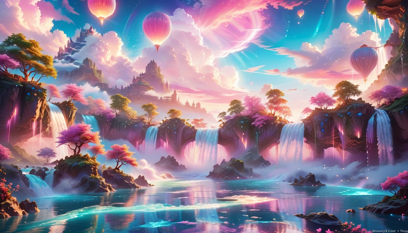 A Masterpiece In 32K Resolution: Supreme Quality, Super Detail, Official Art, Very High-Resolution 32K Wallpaper, Beautiful And Aesthetic, Ultra-Detailed Features, Awe-Inspiring Detail. Enchanted Scenes Of A Majestic Romantic Fantasy Realm. Imagine A Breathtaking World Of Romantic Fantasy, Where Intricate Floating Islands Drift Amid Fluffy Clouds. Waterfalls Cascade Gracefully From These Islands, Creating A Mesmerizing Spectacle Within A Vibrant, Surreal Atmosphere. The Environment Radiates Wonder And Tranquility, Infused With A Harmonious Blend Of Soft Pinks And Vibrant Jewel Tones. This Scene Will Be Illustrated In An Anime Style, Featuring Soft Lines And Pastel Colors Accented With Whimsical Touches. Each Building Is Exquisitely Detailed And Elegant, Capturing The Ethereal Beauty And Serenity Of A Dreamlike Realm. The Artwork Will Evoke A Sense Of Escape From The Ordinary, Showcasing Glimmering Cyan Waters And A Colorful Watercolor Sky. Add Glowing Elements And A Multitude Of Enchanting Fantasy Details, Including Iridescent Features, Beautifully Crafted Landscapes, And Sparkling Accents. The Overall Effect Should Resonate With A Captivating Fantasy Art Style, Rich In Vibrant Colors And Blurred, Surreal Details That Transport Viewers To This Magical Realm.