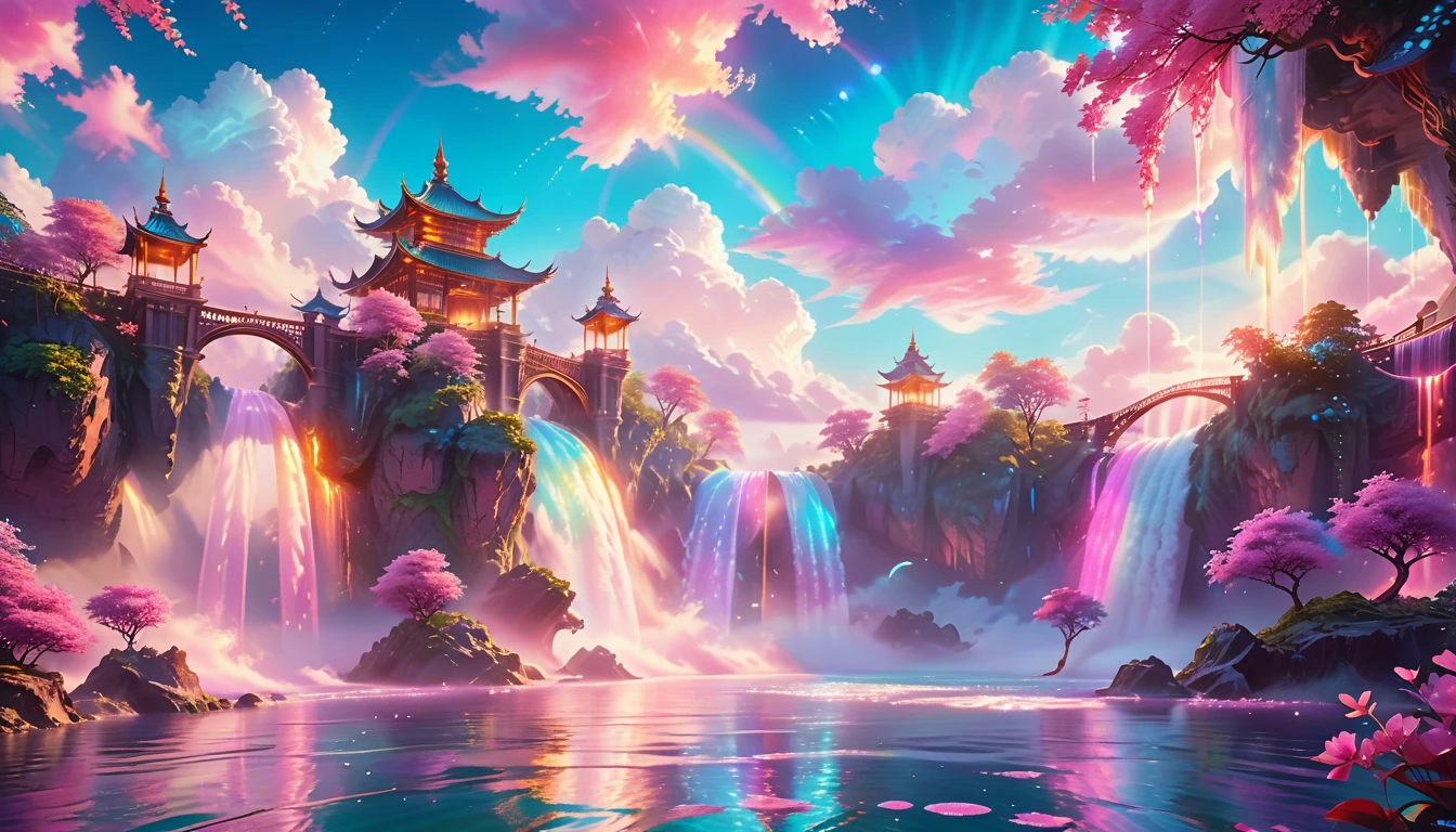 A Masterpiece In 32K Resolution: Supreme Quality, Super Detail, Official Art, Very High-Resolution 32K Wallpaper, Beautiful And Aesthetic, Ultra-Detailed Features, Awe-Inspiring Detail. Enchanted Scenes Of A Majestic Romantic Fantasy Realm. Imagine A Breathtaking World Of Romantic Fantasy, Where Intricate Floating Islands Drift Amid Fluffy Clouds. Waterfalls Cascade Gracefully From These Islands, Creating A Mesmerizing Spectacle Within A Vibrant, Surreal Atmosphere. The Environment Radiates Wonder And Tranquility, Infused With A Harmonious Blend Of Soft Pinks And Vibrant Jewel Tones. This Scene Will Be Illustrated In An Anime Style, Featuring Soft Lines And Pastel Colors Accented With Whimsical Touches. Each Building Is Exquisitely Detailed And Elegant, Capturing The Ethereal Beauty And Serenity Of A Dreamlike Realm. The Artwork Will Evoke A Sense Of Escape From The Ordinary, Showcasing Glimmering Cyan Waters And A Colorful Watercolor Sky. Add Glowing Elements And A Multitude Of Enchanting Fantasy Details, Including Iridescent Features, Beautifully Crafted Landscapes, And Sparkling Accents. The Overall Effect Should Resonate With A Captivating Fantasy Art Style, Rich In Vibrant Colors And Blurred, Surreal Details That Transport Viewers To This Magical Realm.