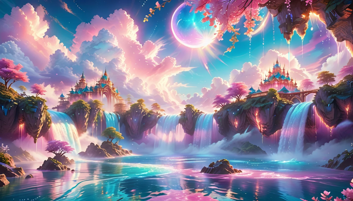 A Masterpiece In 32K Resolution: Supreme Quality, Super Detail, Official Art, Very High-Resolution 32K Wallpaper, Beautiful And Aesthetic, Ultra-Detailed Features, Awe-Inspiring Detail. Enchanted Scenes Of A Majestic Romantic Fantasy Realm. Imagine A Breathtaking World Of Romantic Fantasy, Where Intricate Floating Islands Drift Amid Fluffy Clouds. Waterfalls Cascade Gracefully From These Islands, Creating A Mesmerizing Spectacle Within A Vibrant, Surreal Atmosphere. The Environment Radiates Wonder And Tranquility, Infused With A Harmonious Blend Of Soft Pinks And Vibrant Jewel Tones. This Scene Will Be Illustrated In An Anime Style, Featuring Soft Lines And Pastel Colors Accented With Whimsical Touches. Each Building Is Exquisitely Detailed And Elegant, Capturing The Ethereal Beauty And Serenity Of A Dreamlike Realm. The Artwork Will Evoke A Sense Of Escape From The Ordinary, Showcasing Glimmering Cyan Waters And A Colorful Watercolor Sky. Add Glowing Elements And A Multitude Of Enchanting Fantasy Details, Including Iridescent Features, Beautifully Crafted Landscapes, And Sparkling Accents. The Overall Effect Should Resonate With A Captivating Fantasy Art Style, Rich In Vibrant Colors And Blurred, Surreal Details That Transport Viewers To This Magical Realm.