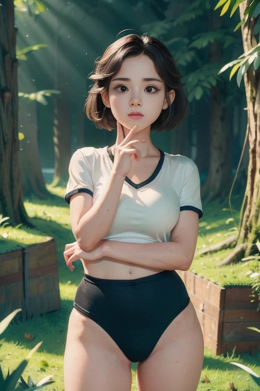 (masterpiece, highest quality), 1 girl, beautiful face, beautiful body,  wearing a Black gymnastics bloomers, High leg、white blouse,    cowboy shot、Are standing、full body portrait、Alone, complex details, enlarged textures, complex details, finely detailed eyes and detailed face, intricate details, (closed mouth), perfect eyes, equal eyes, perfect body, extremely detailed, (Child), extremely realistic 3d,In a dark forest