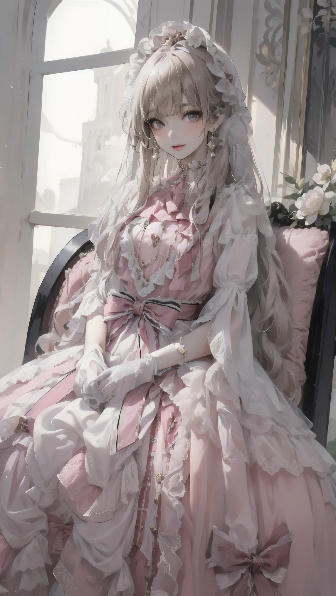 masterpiece, Best Quality, (Focus Only), (Perfect Face:1.1), (whole body), (high detail:1.1), (Ultra-detailed eyes),(8k, Best Quality, masterpiece: 1.2), Ultra-high resolution,,Marie Antoinette,Ultra-detailed face,Fine grain,Open your mouth a little,(Blonde),Long Hair,Wavy Hair, break,Rococo Ruffle Dress,Long sleeve dress,The dress includes an extra long skirt,Baroque Dress, Intricate fantasy dress, glamorous ruffled dresses, Romantic Dress, Ruffled Costume,Raffle, Data Style, Formal Wear, Fancy Fashion, palate colors include pink and white,(pink:1.5),Class A Smile,Gold Tiara, necklace,Sit in a luxurious chair,Hands on knees,(Rainbow light:1.4),The rosebush is reflected in the window,(Inside Victoria Palace)、Her eyes sparkle、Now her blonde hair reaches down to her waist、Rose-colored gradation and three, Pale pink rock. She wore a gold tiara with floral embellishment.、Matching earrings, White flower choker. She is wearing a ruffled, white-striped pink top edged with gold buttons., The white sleeves are shaped like flower buds.. A magenta ribbon runs along her chest.、Tied behind the neck、Matching chest piece, Decorated with flowers. Her frilly skirt is divided by a white lining, Fastened with a large magenta ribbon、Decorated with gold, There is a small ribbon on the back. Her miniskirt is、Made with a pale pink magenta shell lining and a white floral petticoat. She also wears white gloves with pink flowers., For white and light pink shoes、It has loose cuffs and a magenta ribbon decorated with flowers..