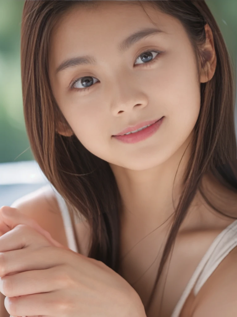 highest quality, High resolution, realistic pictures, detailed skin texture, ( Japan girls), towards the camera, slim body shape, (flat chest:1.2), charming gaze, Fair skin, baby face, smileteeth, At the bed, white underwear