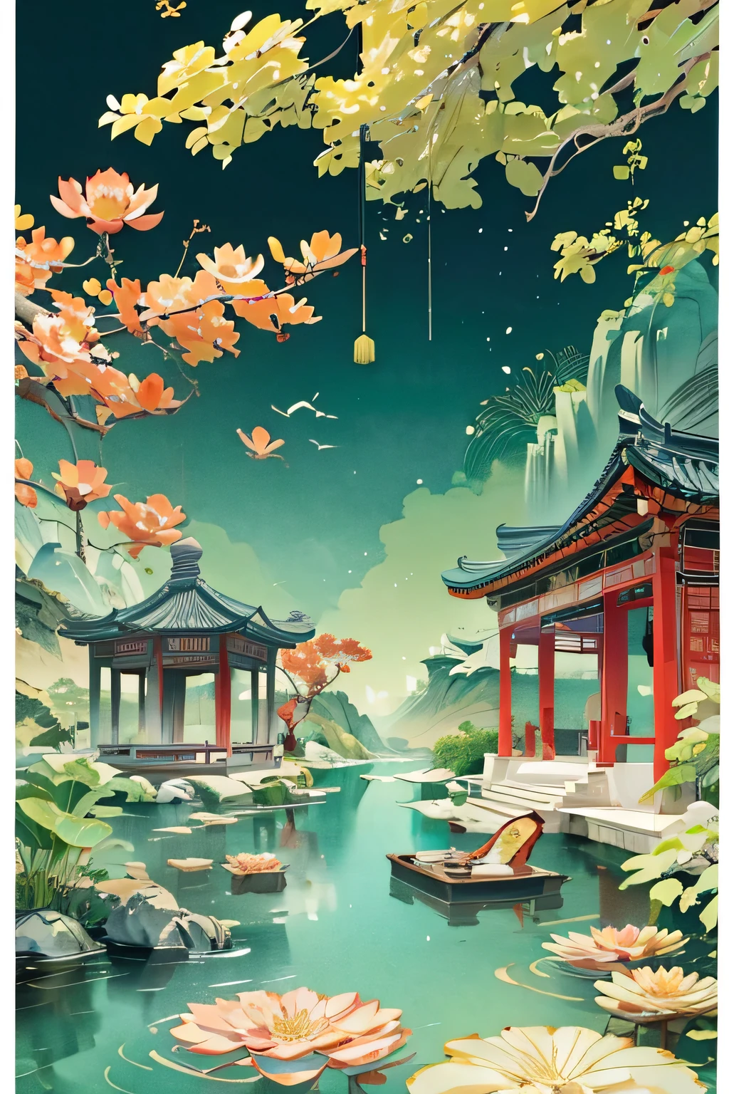 Chinese style pavilion waterscape background，A beautiful art illustration, Chinese Landscape, Chinese Dreamland, Chinese surrealism, Chinese Fantasy, Shenglin style artwork, Chinese style painting, Oriental Wallpaper, Japanese style painting,Snake and lotus leaf combined into a painting, National Trend Art, Stylized lines, Line drawing illustration, Watercolor, Bold Line Art, Ink Art, Official illustrations,