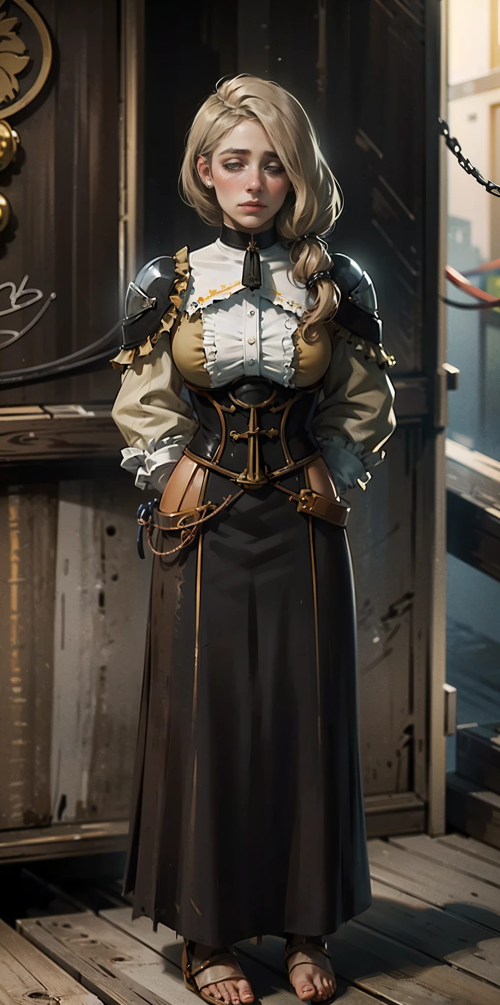 (masterpiece, best quality), intricate details, 1girl, Mercedes von Martritz from Fire Emblem (standing full body toe to head by wooden pole:1.2) iron collar, arms behind back, iron cuffs, shackles, bound, bondage outfit, harness, o-ring, bondage outfit blindfolded cover eyes, happy red cheeks, chain leash collar choker neck bell shackles wristbands bracers bracelets, cleave gag, sad face, red cheeks, cryings tears, painful (she was sold and betrayed by her own family)