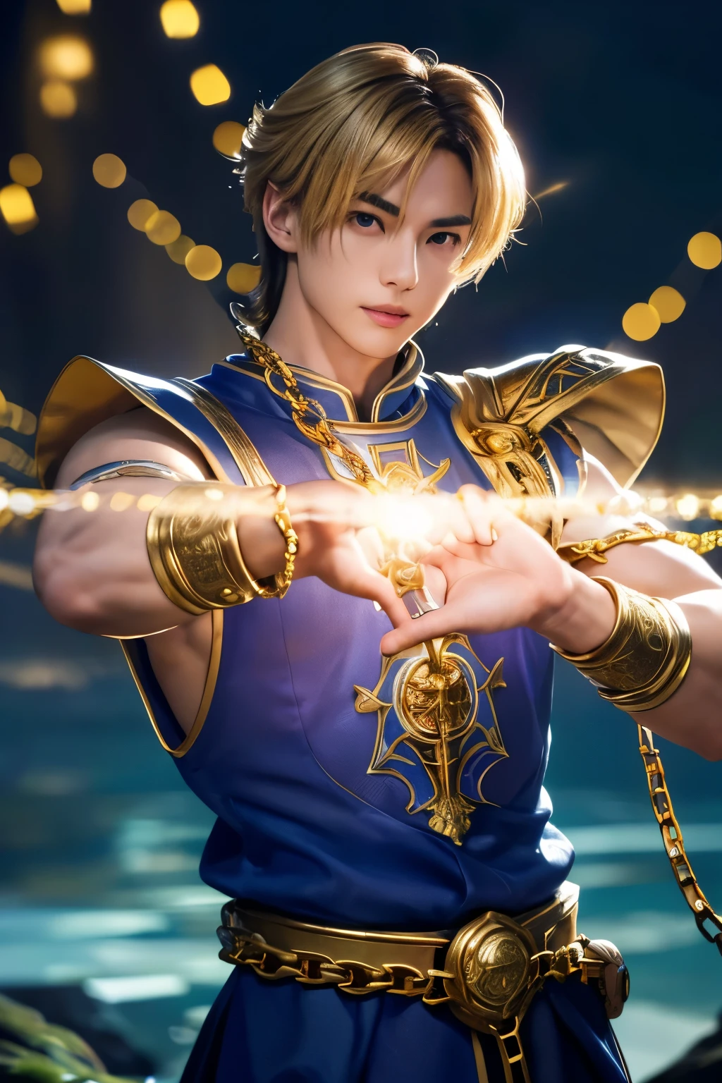 1 Boy, masterpiece, realistic, absurdres, best quality, High resolution, Kura Pika, Japanese boy, Very handsome, Perfect face, cute face, meticulous details, Clear and beautiful detailed eyes, blond, shiny hair, (blue robe:1.2), white shirt, gold trim, hold a chain, Chains flying, slim muscular, handsome muscles, detailed skin, Perfect hands, good anatomy, looking into camera, Action scene, dynamic poses, fantasy, night, Tree, Moonlight at night, wilderness, Flowers, skynight, studio lighting, soft light, Upper body portrait, front view, professional photography, 8K Ultra HD,